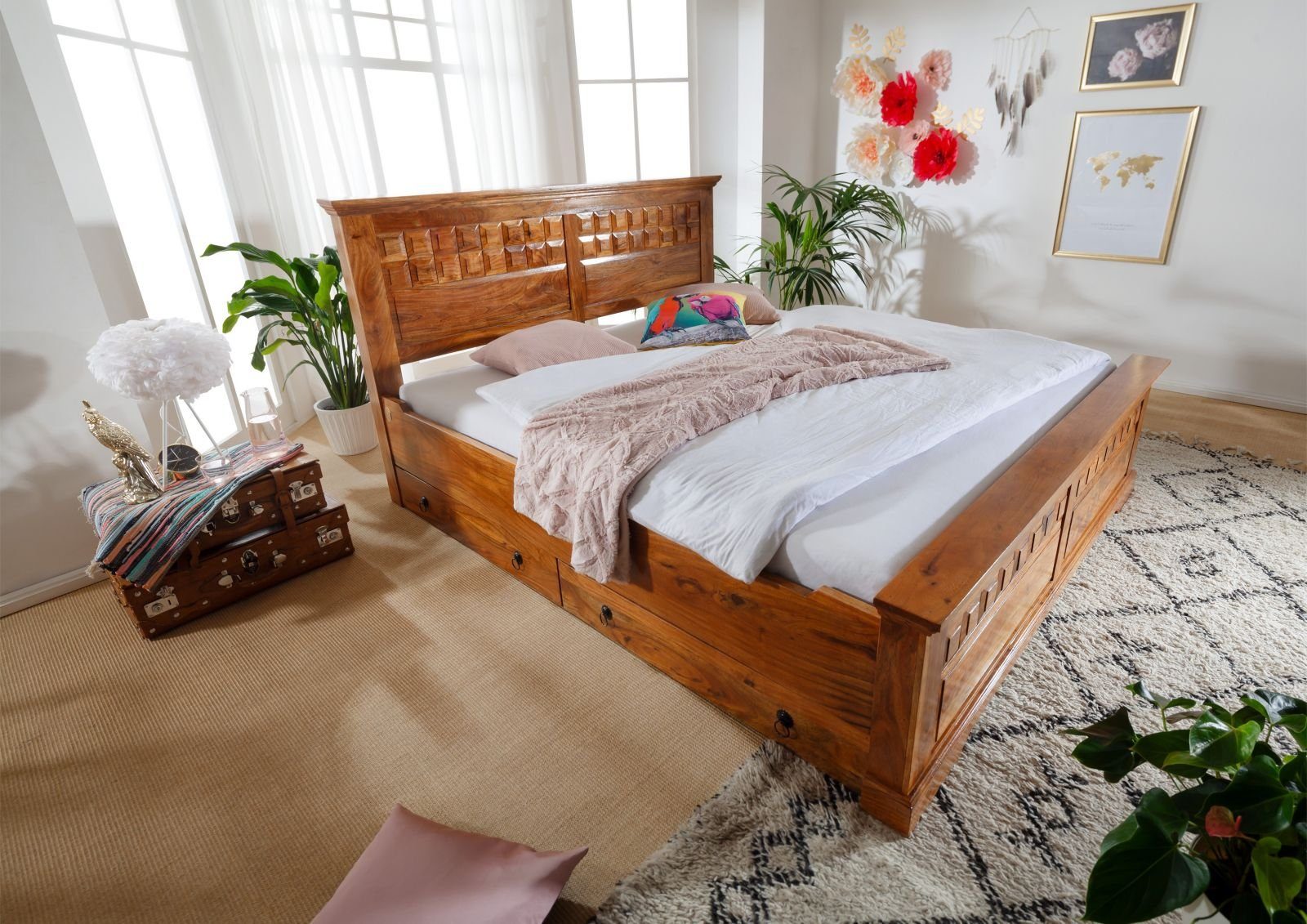 Massivmoebel24 Massivholzbett OXFORD (Bett Akazie 180x200x114 honig lackiert OXFORD #0310), Bett Akazie 180x200x114 honig lackiert OXFORD #0310