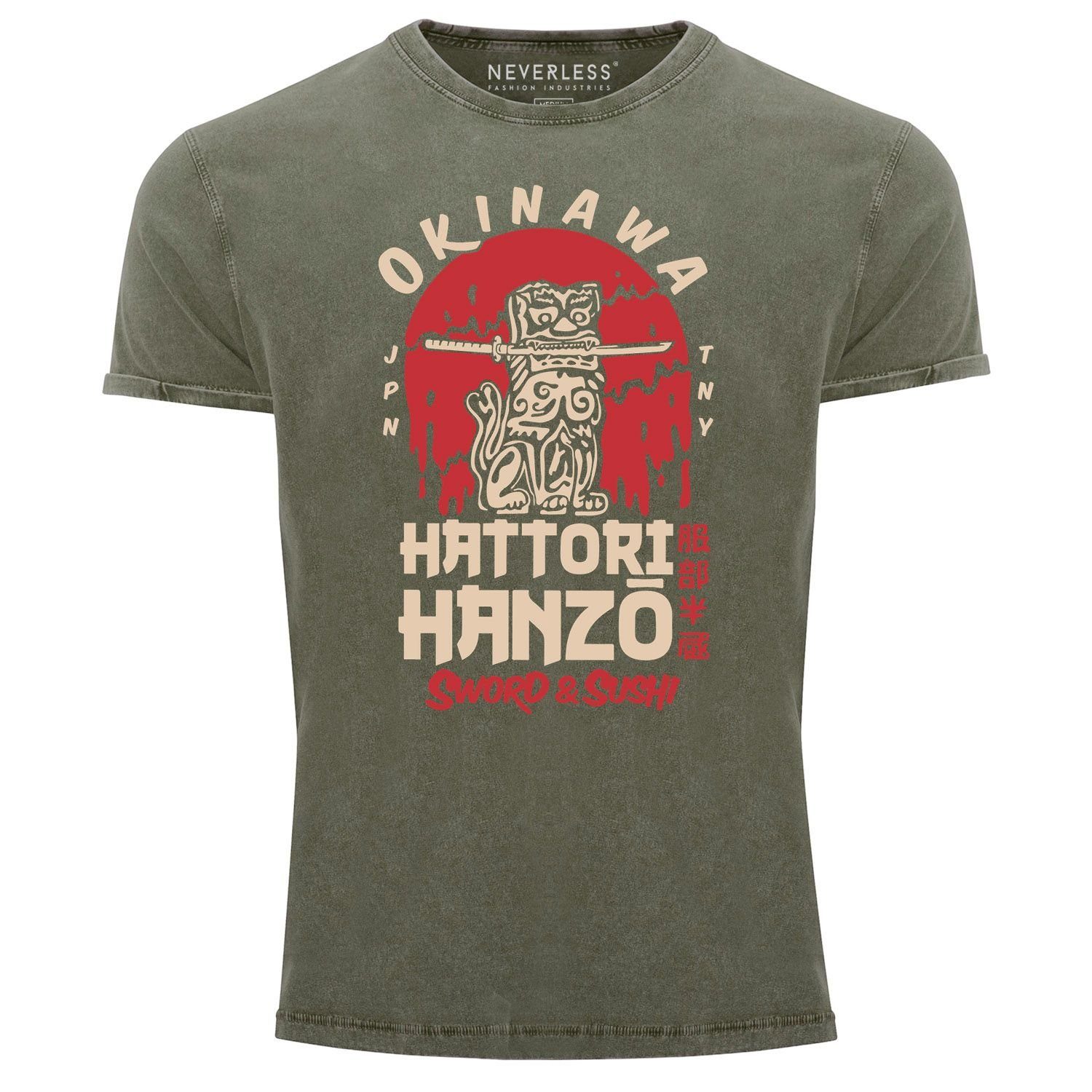 Neverless Print-Shirt Herren Vintage Shirt Hattori Hanzo Sword and Sushi Okinawa Japan Schriftzeichen Superior Design Used Look Neverless® mit Print oliv