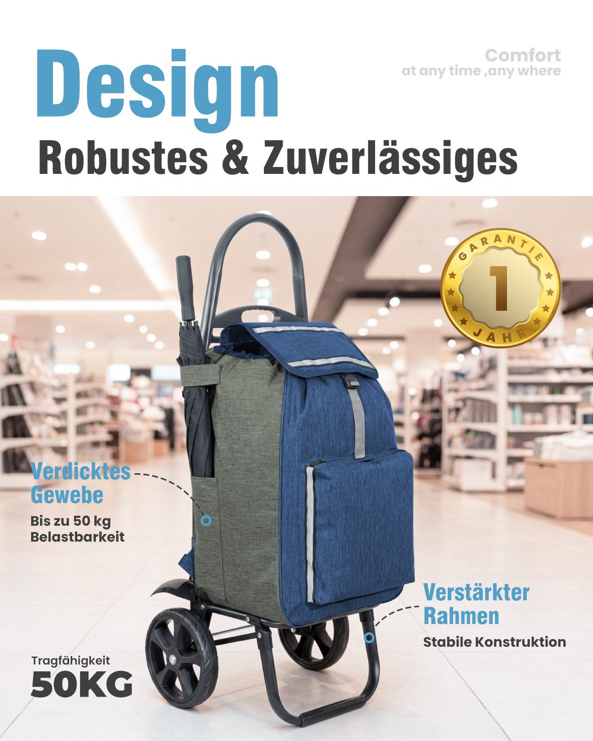 HOMECALL Einkaufstrolley klappbar Einkaufswagen 4-in-1 Utility Trolley Mit Kühltasche-58L, Einkaufswagen, Rucksack & Tragetasche in einem