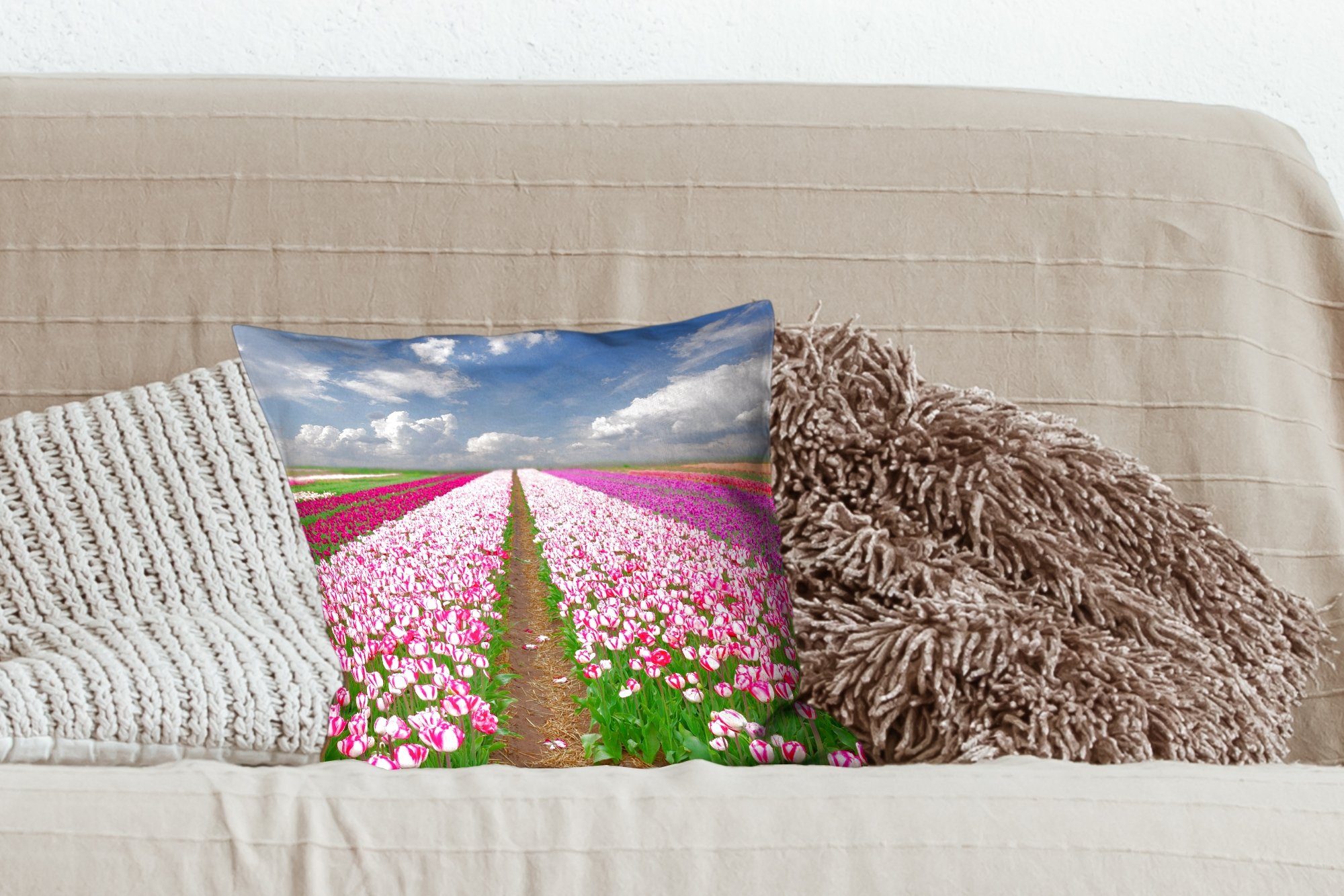Dekokissen für Tulpen - Sofakissen mit Sonne MuchoWow Frühling, Schlafzimmer, - Füllung Deko, Wohzimmer, Zierkissen