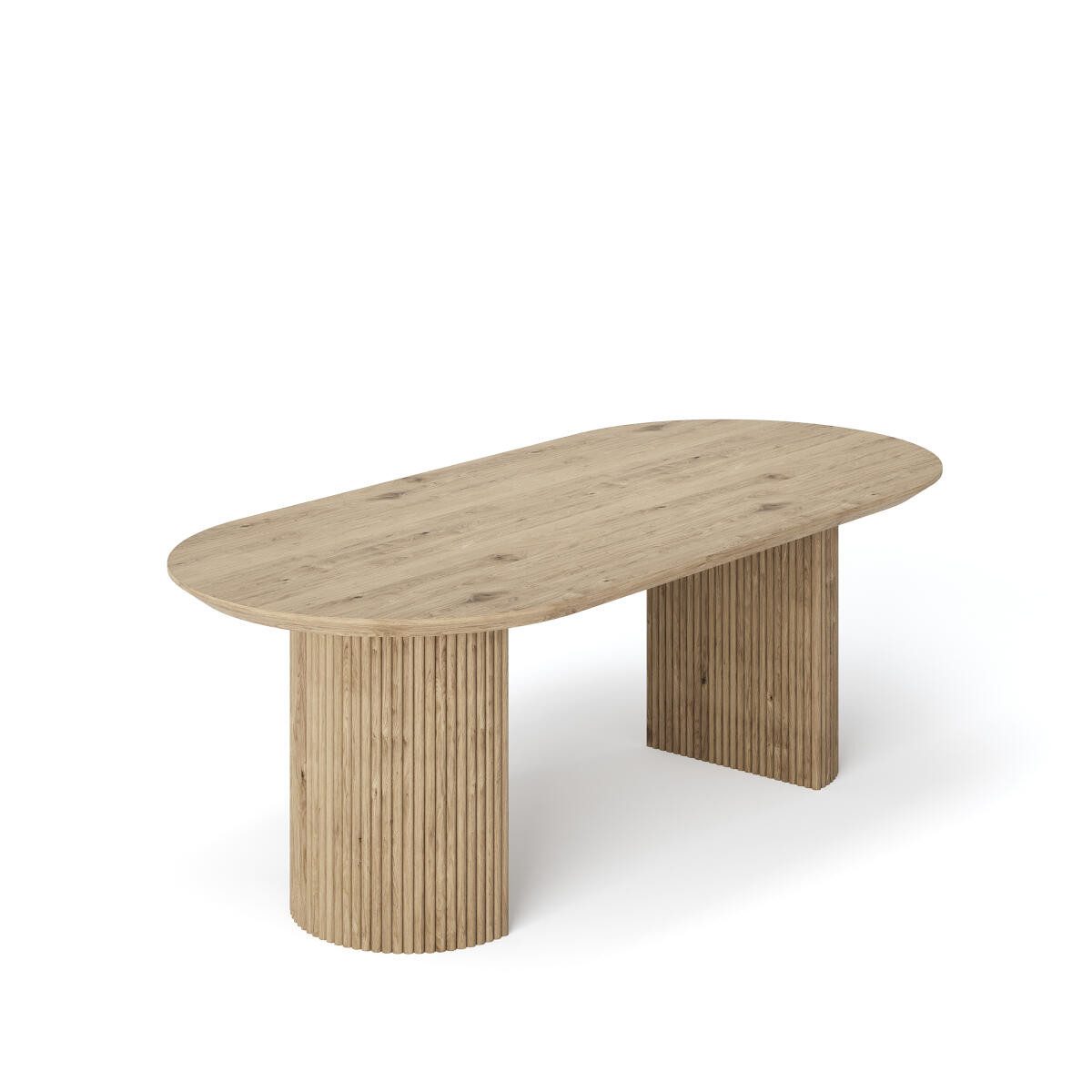 Rellgo Esstisch aus Wildeiche – Holztisch mit D-Gestell – Skandic-Design, Abgerundete Tischplatte, Geölte Oberfläche, Handgefertigt