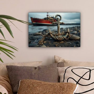 OneMillionCanvasses® Leinwandbild Anker - Boot - Wasser - Steine - Maritim, (1 St), Wandbild Leinwandbilder, Aufhängefertig, Wanddeko, 30x20 cm