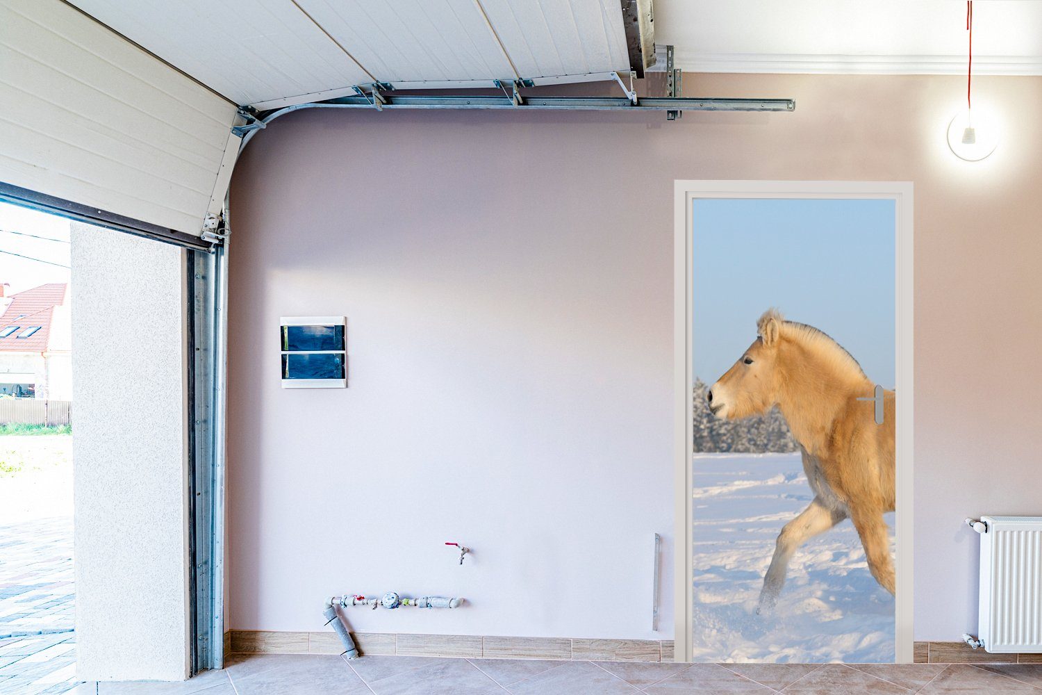 MuchoWow Türtapete Trabendes 75x205 Tür, cm St), Türaufkleber, für Fjordpferd Fototapete bedruckt, (1 im Matt, Schnee