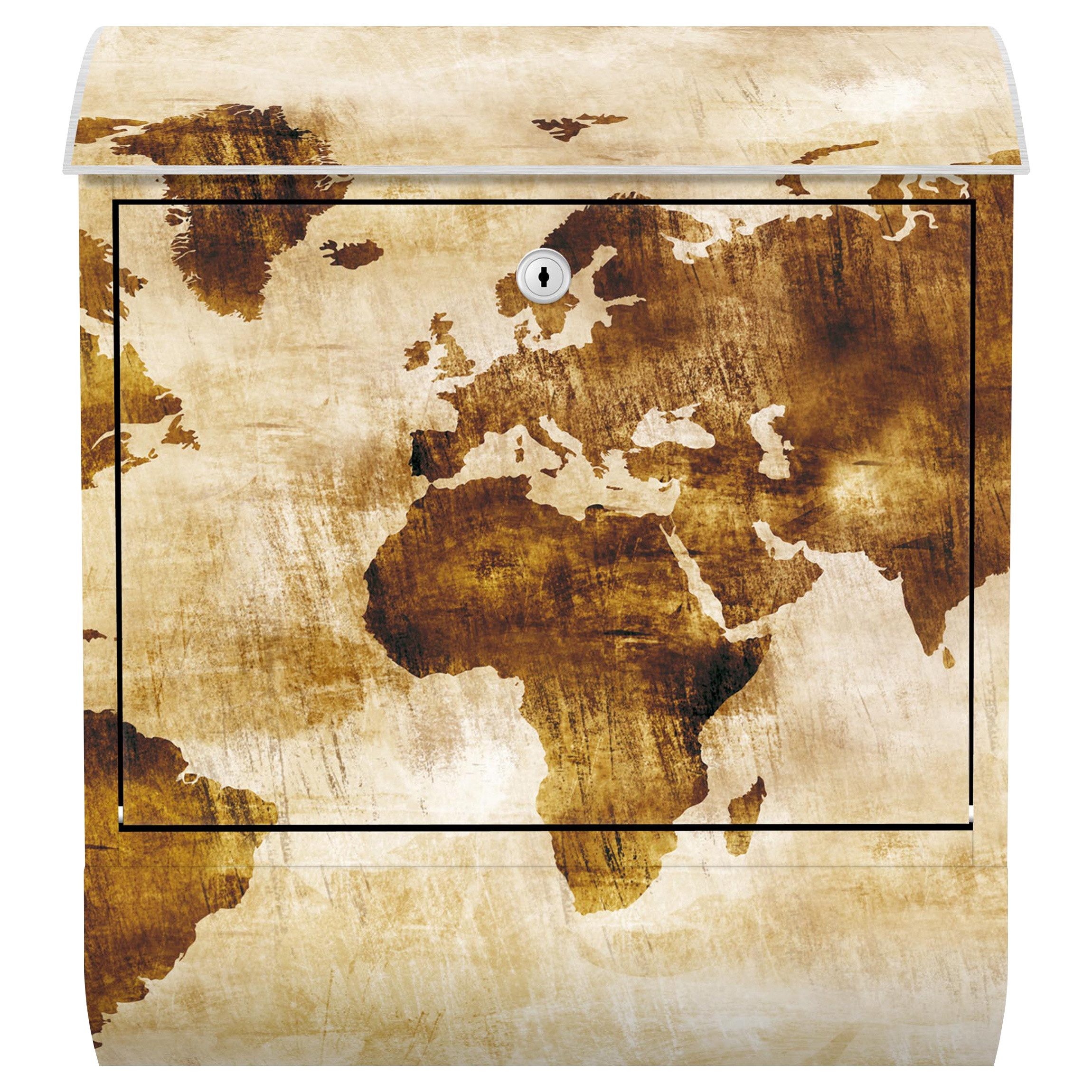 Bilderdepot24 Briefkasten Wandbriefkasten mit Zeitungsfach Motiv Weltkarte Vintage (inkl. Zeitungsrolle und 3 Schlüssel), Motivdruck, wetterfest, UV-beständig, abschließbar, 46x39x13 cm