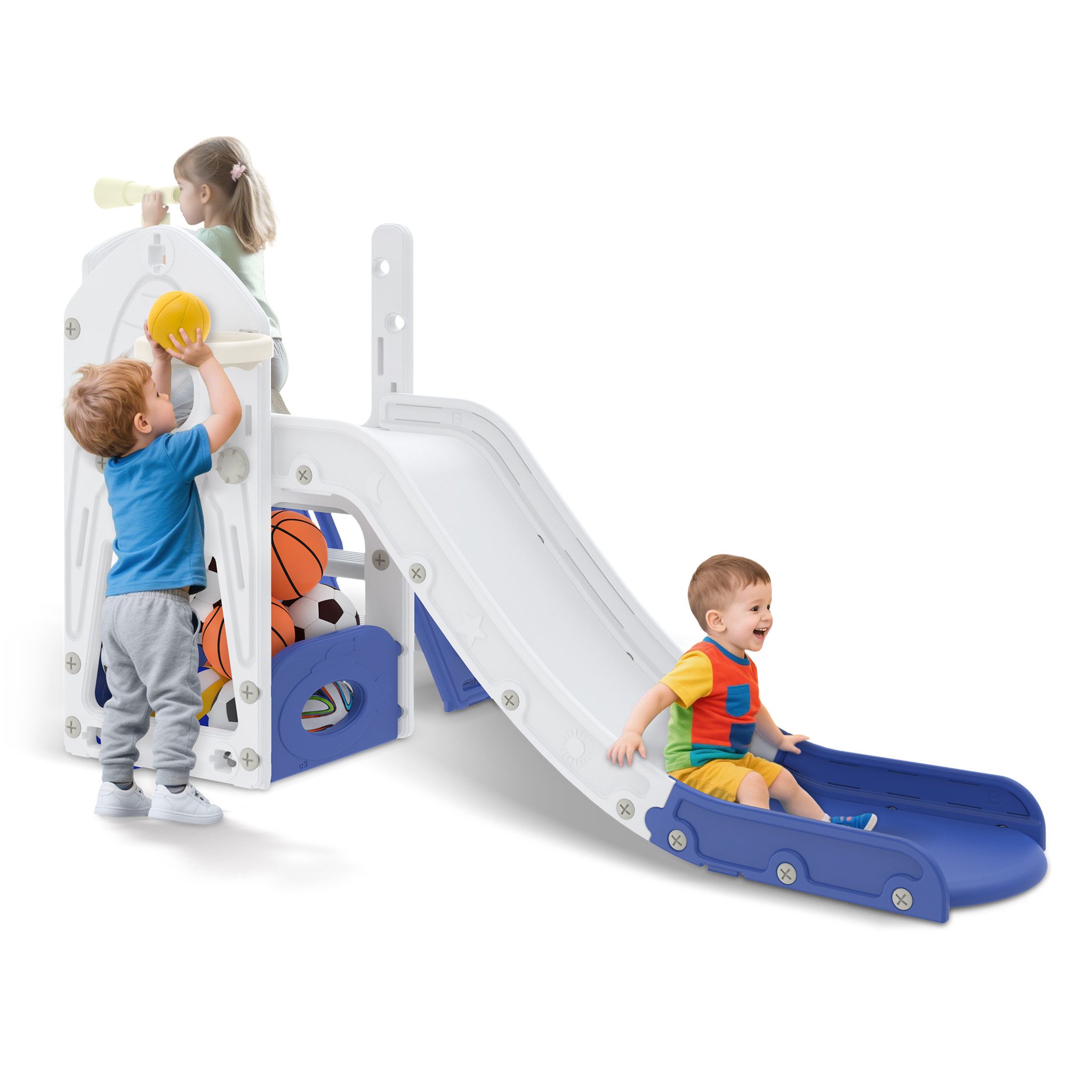 FIVMEN Rutsche 5-in-1 Kinderrutsche für Kleinkinder,Indoor und Outdoor, (Freistehende Rutsche aus HDPE & PP, mit Kletterleiter, Stauraum, Basketballkorb)