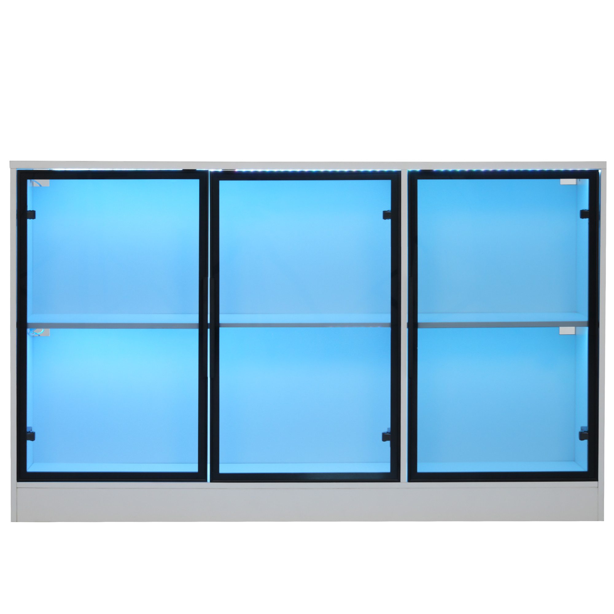Celya Glasvitrine 120 x 30 x 73 cm mit grauen Glasfronten und integriertem LED-Lichtband (Highboard, Präsentationsschrank oder Buffetschrank, sideboard) – Bild 5 von 5
