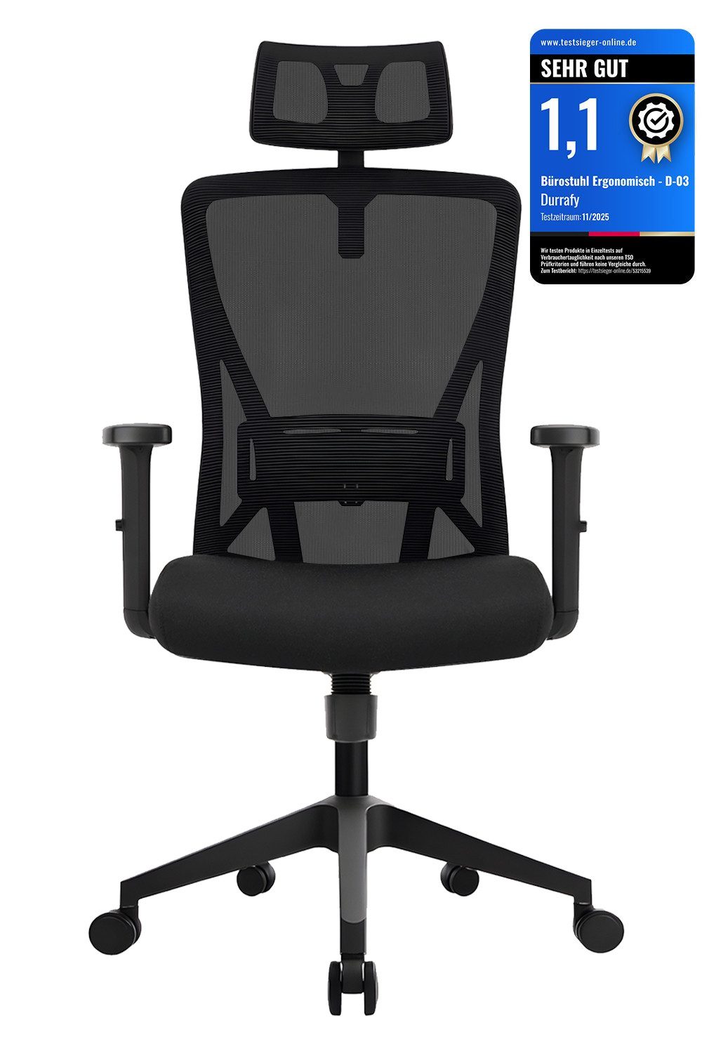Durrafy Bürostuhl ergonomischer Stuhl,Schreibtischstuhl Atmungsaktiver Netzbezug (höhenverstellbar und neigbar 130°Drehstuhl,Chefsessel mit leise Rollen,Computerstuhl Schwarz), 200KG Belastbarkeit
