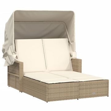 vidaXL Gartenliege Doppel-Sonnenliege mit Dach und Auflagen Beige Poly Rattan, 1 St.