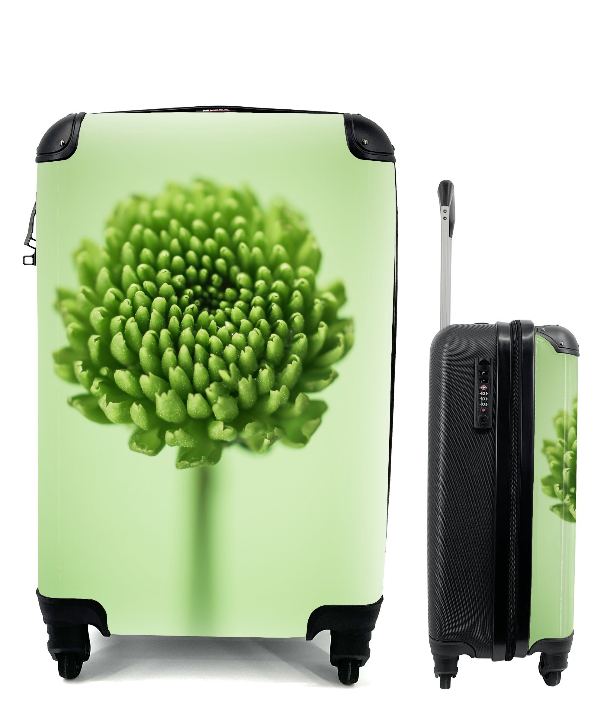 mit Handgepäck Reisetasche 4 Rollen, Grüne unscharfem Handgepäckkoffer MuchoWow Chrysanthemenblüte Reisekoffer Ferien, rollen, mit Trolley, botanische Hintergrund, für