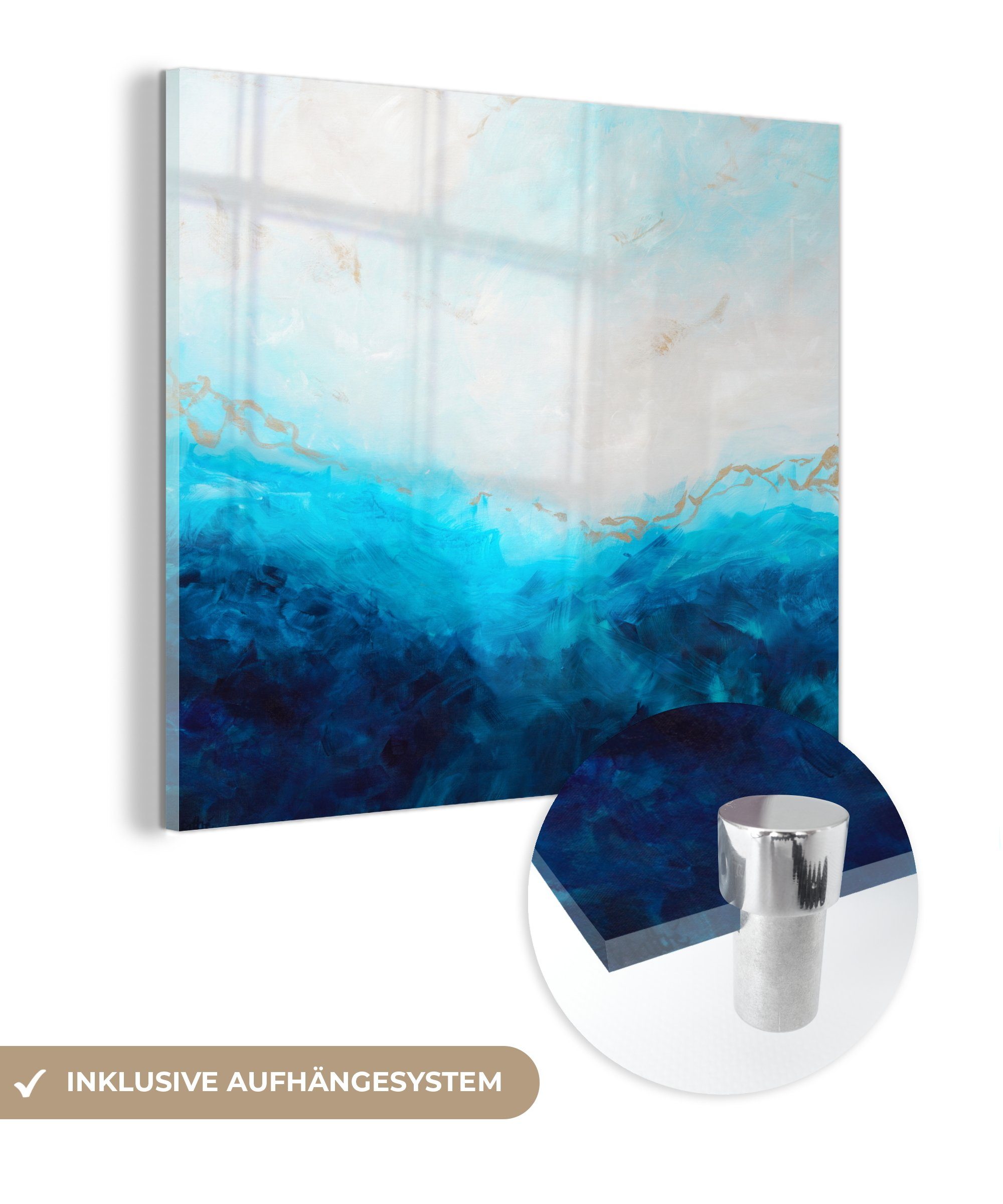 MuchoWow Acrylglasbild Farbe - Meer - Blau - Abstrakt - Gold, (1 St), Glasbilder - Bilder auf Glas Wandbild - Foto auf Glas - Wanddekoration