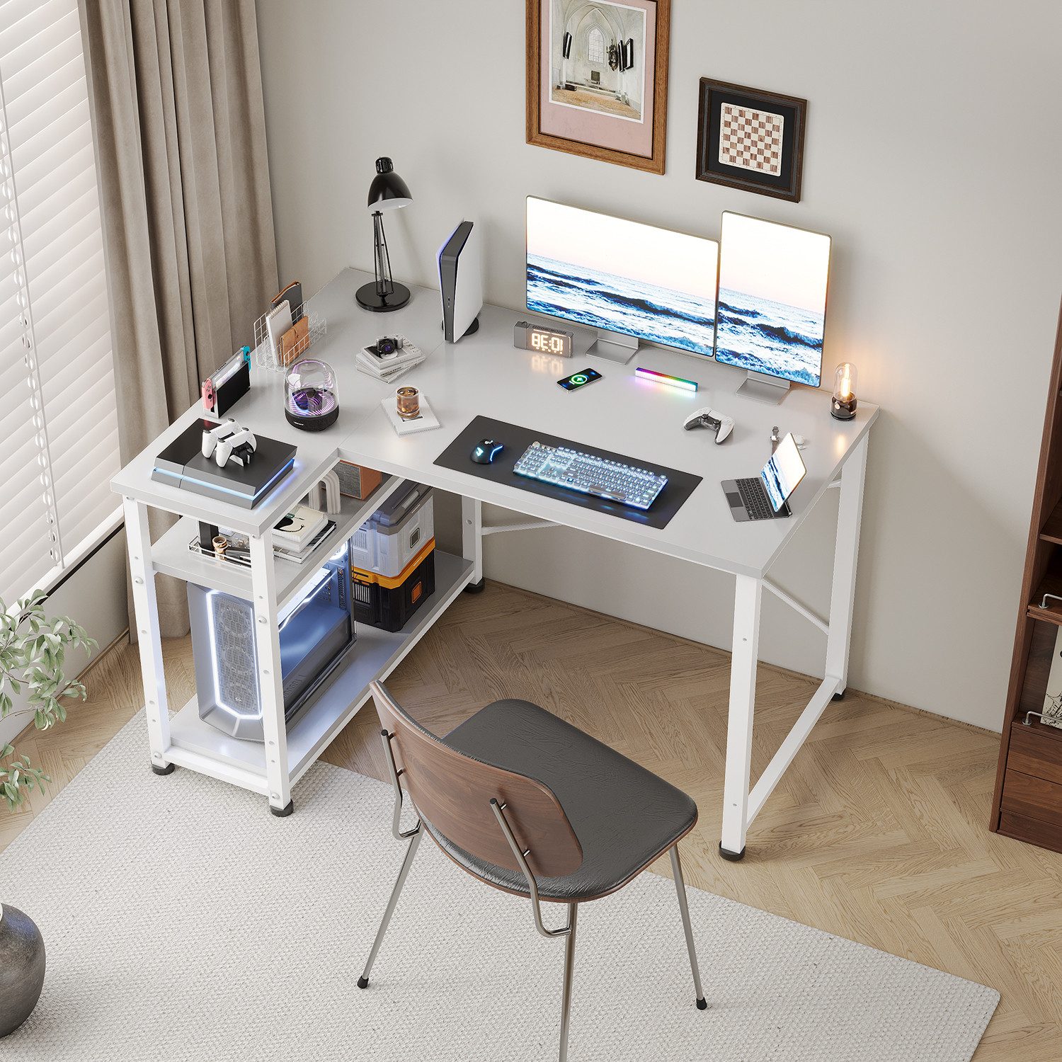 GUNJI Eckschreibtisch Eckschreibtisch Umkehrbarer L-förmiger Computer schreibtisch mit Hutch (Schreibtisch mit verstellbaren Regalen)