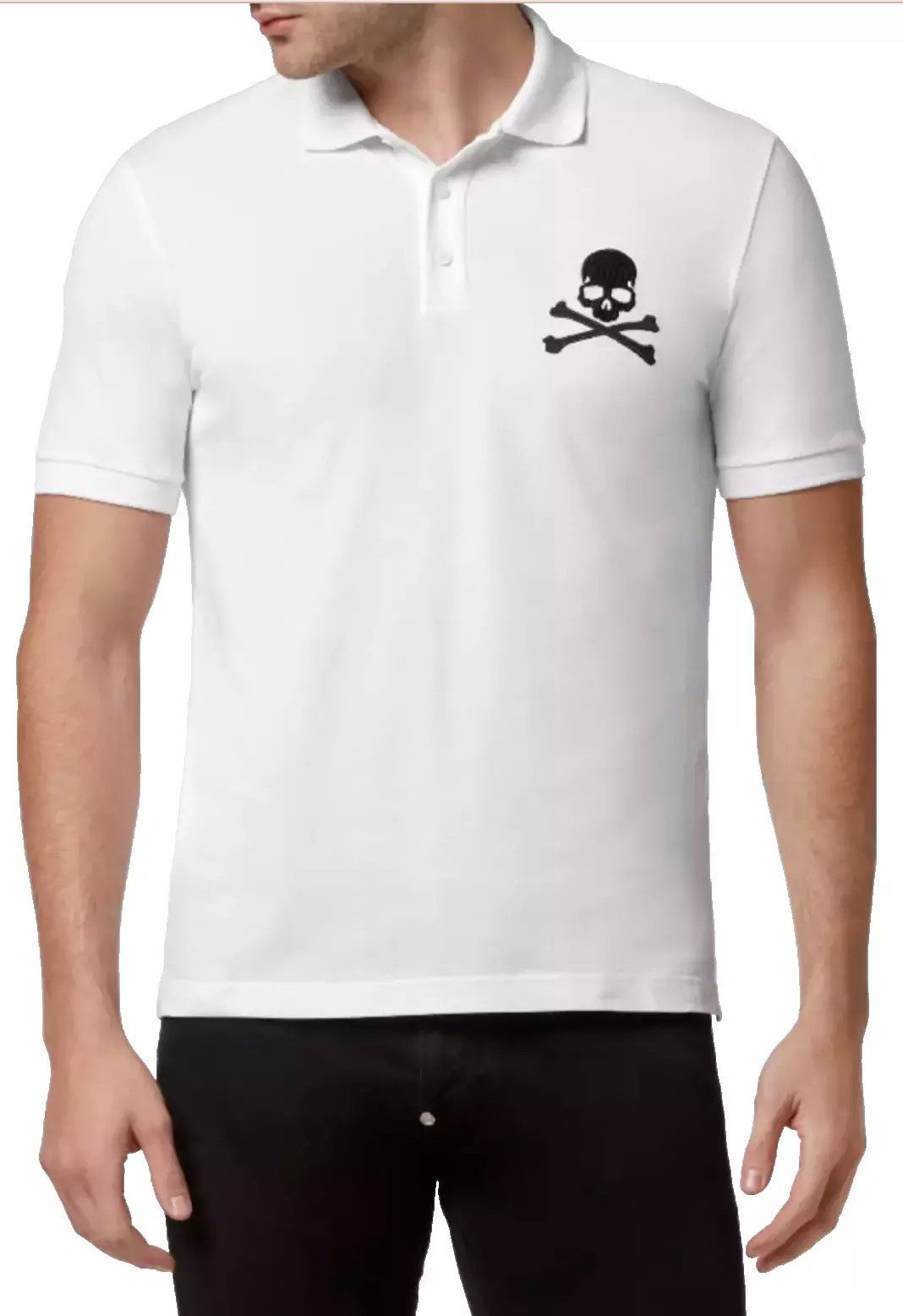 PHILIPP PLEIN Poloshirt Polohemd mit Leder-Patch und PP Hexagon Leder-Patch mit PP Hexagon, Gesticktes Skull&Bones-Logo