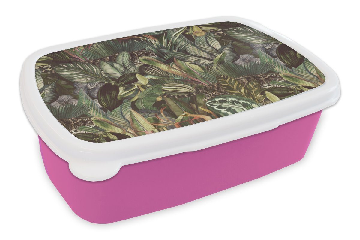 MuchoWow Lunchbox Blätter - Dschungel - Muster, Kunststoff, (2-tlg), Brotbox für Erwachsene, Brotdose Kinder, Snackbox, Mädchen, Kunststoff rosa