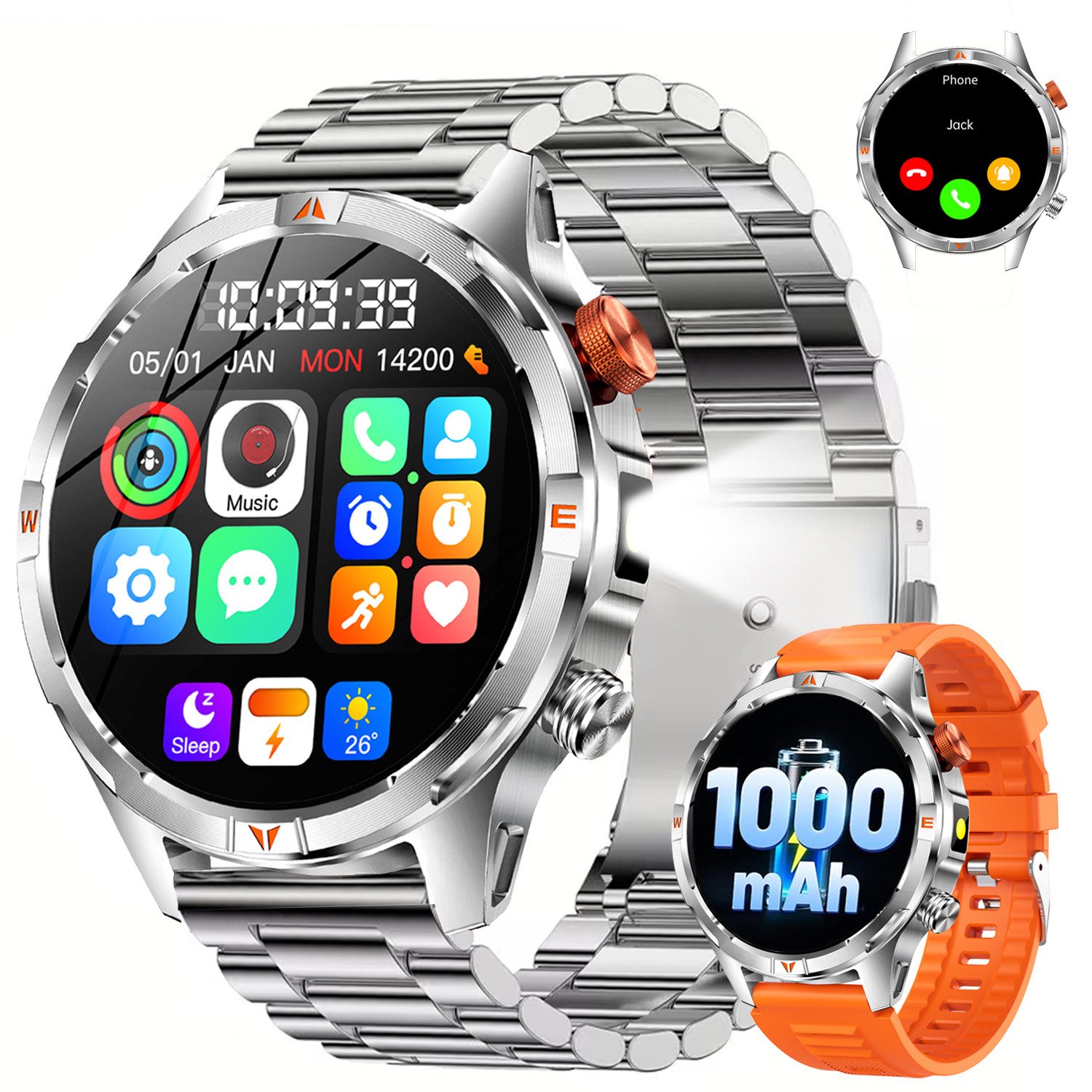 ANYSUN Militär Smartwatch Herren, Outdooruhr mit 1000mAh Smartwatch (1,7 Zoll) LED Taschenlampen, Bluetooth-Anrufe,Kompass,Puls-SpO2-Schlaf-Monitor, 100+ Sportmodi Fitness-Tracker,Schrittzähler IP68, für iOS Android