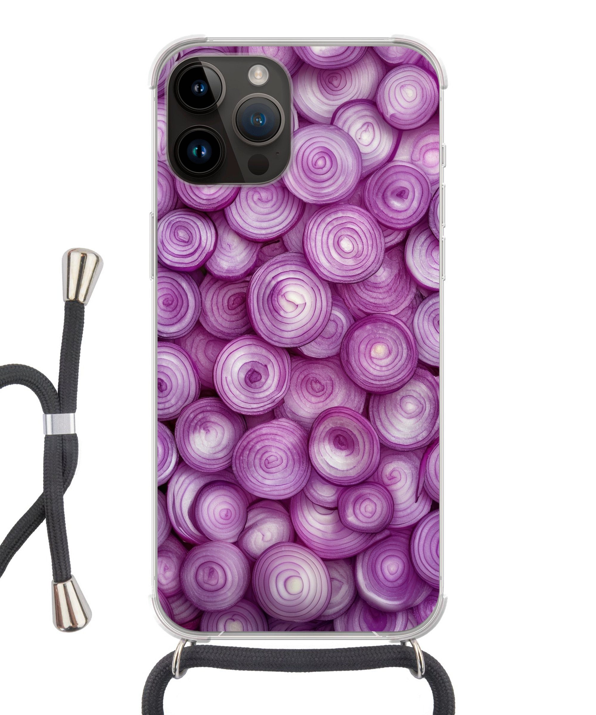 MuchoWow Handyhülle für Apple iPhone 14 Pro Max Lila - Zwiebeln - Nahaufnahme, Tragbare Handyhüllen mit Kette zum umhängen, Handykette Handyband