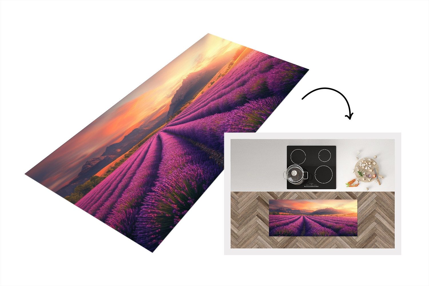 MuchoWow Küchenläufer Lavendelfeld - Sonnenuntergang - Lila, aus Kunststoff, Küchenteppich, Läufer für Küche, Rutschfest, Küchendeko, 120x50 cm