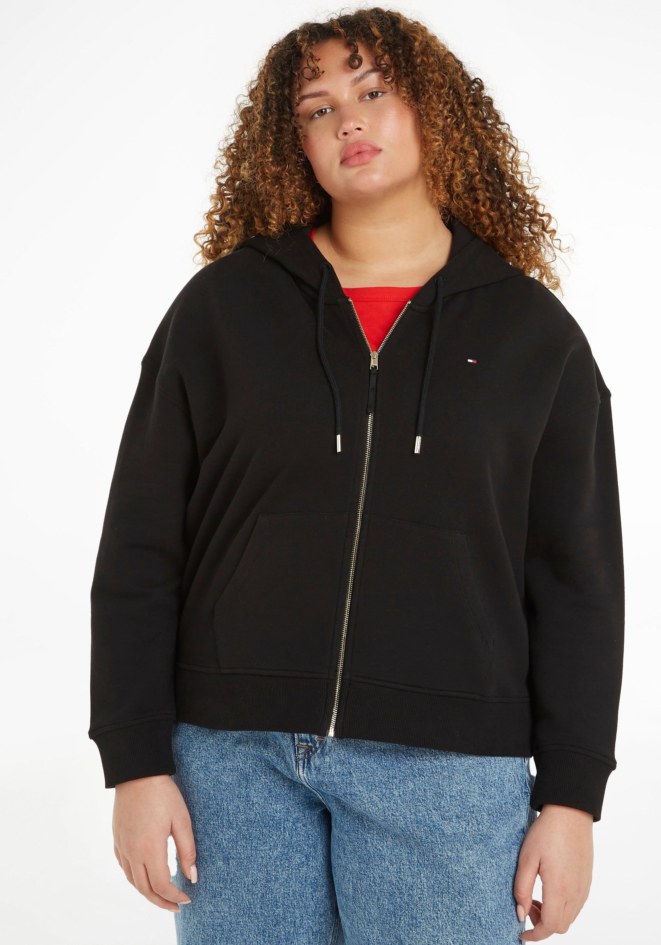 Top-Verkäufer SIZE REG Hilfiger Curve CURVE,mit HOODY Kapuze Hilfier Kapuzensweatjacke PLUS Tommy Markenstreifen ZIPUP der Black an Tommy CRV P/TERRY 1985