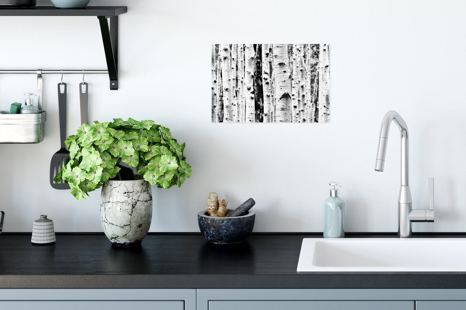 Schwarz Wandbild, und Ohne - Wandposter Wohnzimmer, Poster, - Rahmen Natur, (1 MuchoWow für St), - Holz weiß Poster Bäume