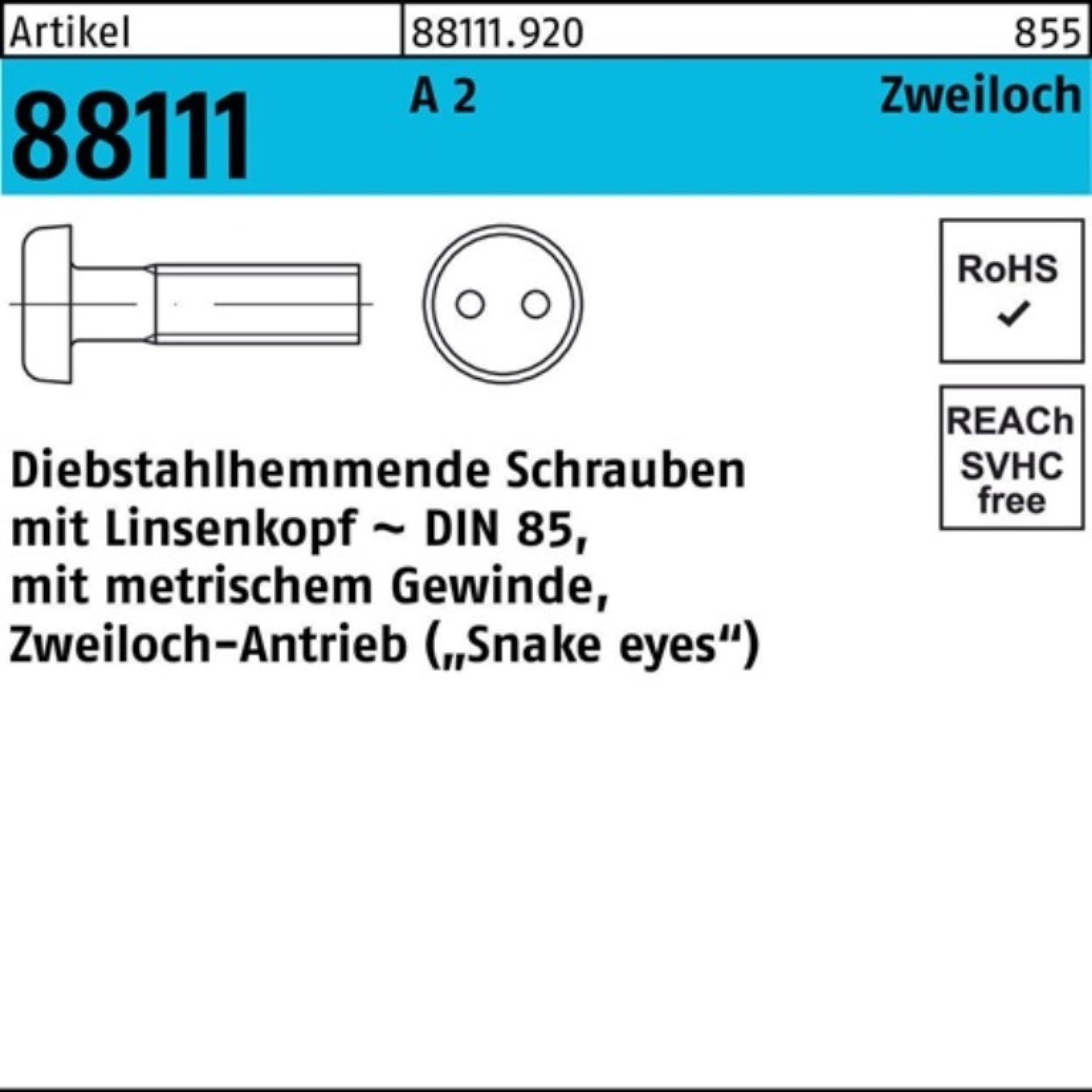 Reyher Schraube 100er Pack Schraube R 88111 diebstahlhemmend Liko/Zweiloch M6x 16 A 2