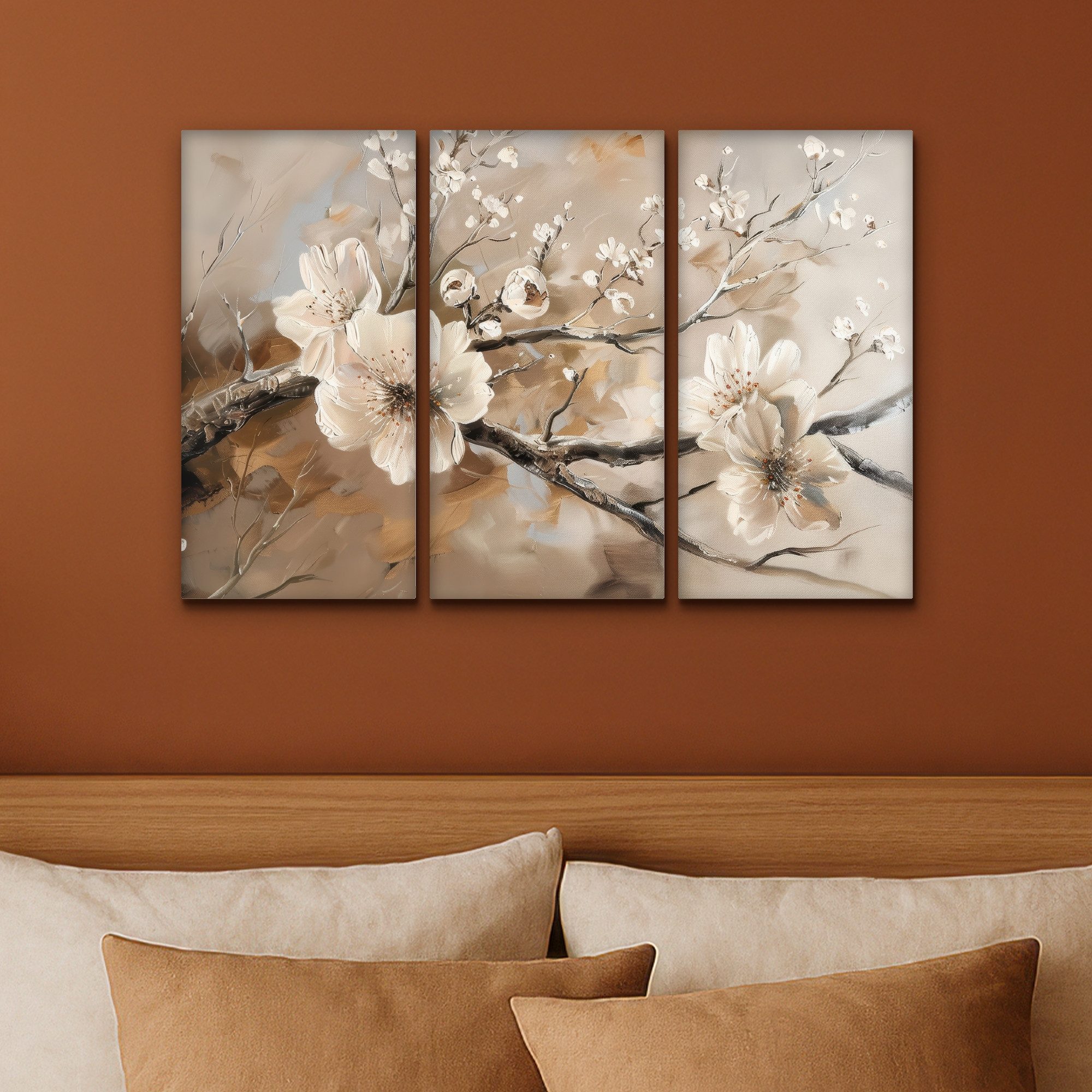 MuchoWow Leinwandbild Blüte - Beige - Abstrakt - Blumen, Fotodruck (3 St), Wand Bilder 3 Set, Deko Schlafzimmer Wohnzimmer Flur 60x40 cm – Bild 4 von 5