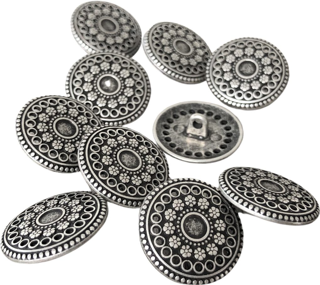 Hartmann-Knöpfe Knopf 10 Stück altsilber Metallknöpfe flach Ösenknöpfe mit Blüten