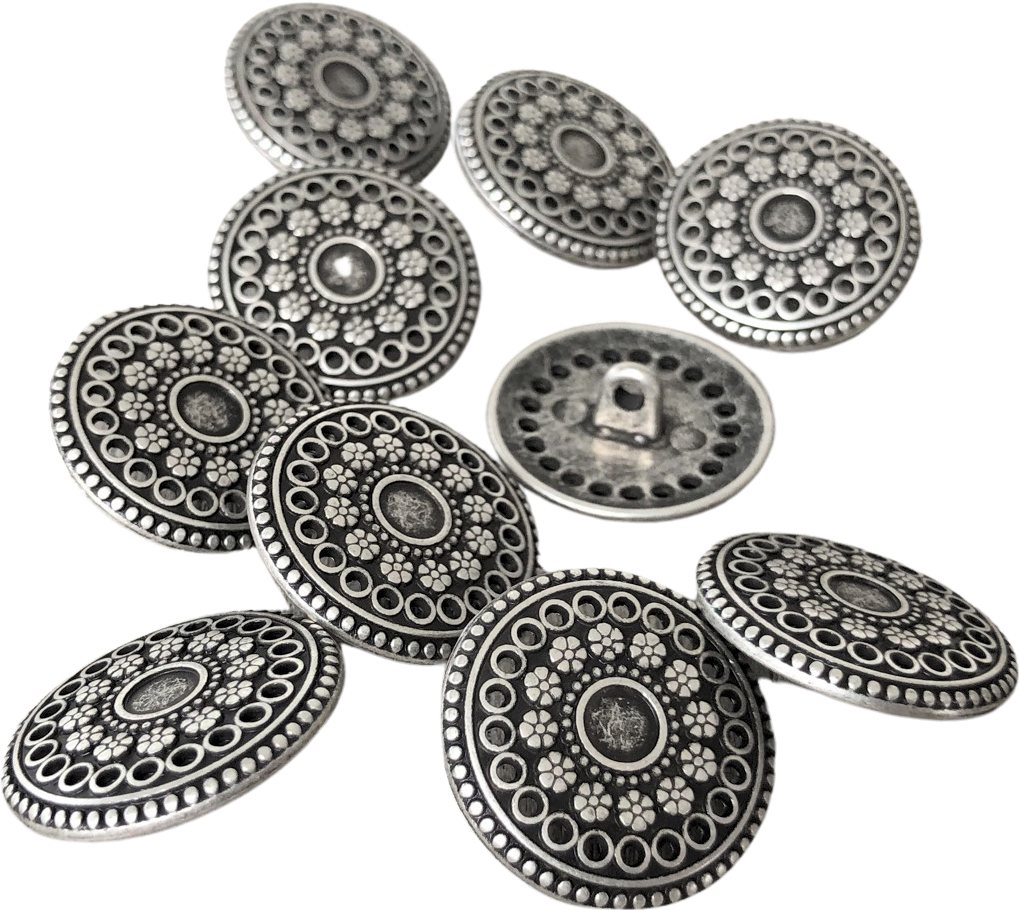 Hartmann-Knöpfe Knopf 10 Stück altsilber Metallknöpfe Blüten flach Ösenknöpfe mit löchern