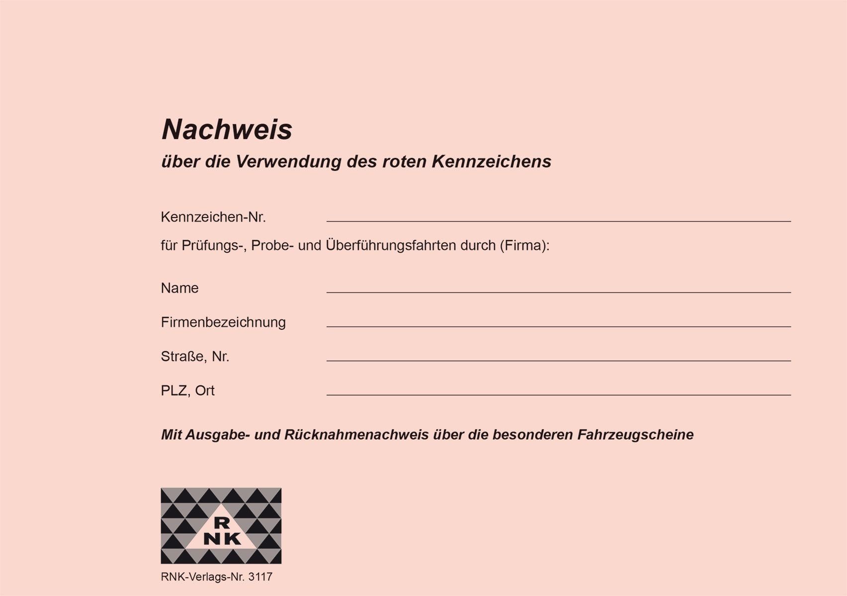 Organisationsmappe Verlag 3117 Nachweisheft für rote Kennzeichen 16 Seiten A5 quer