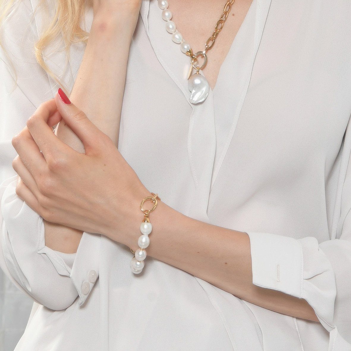 Célia von Barchewitz Perlen-Halskette), gold (Armband mit Ketten Süßwasser-Zuchtperlen Kettenanhänger und Set Armband austauschbar "SARAYU" und Barockperle passende Gliederkette ovale