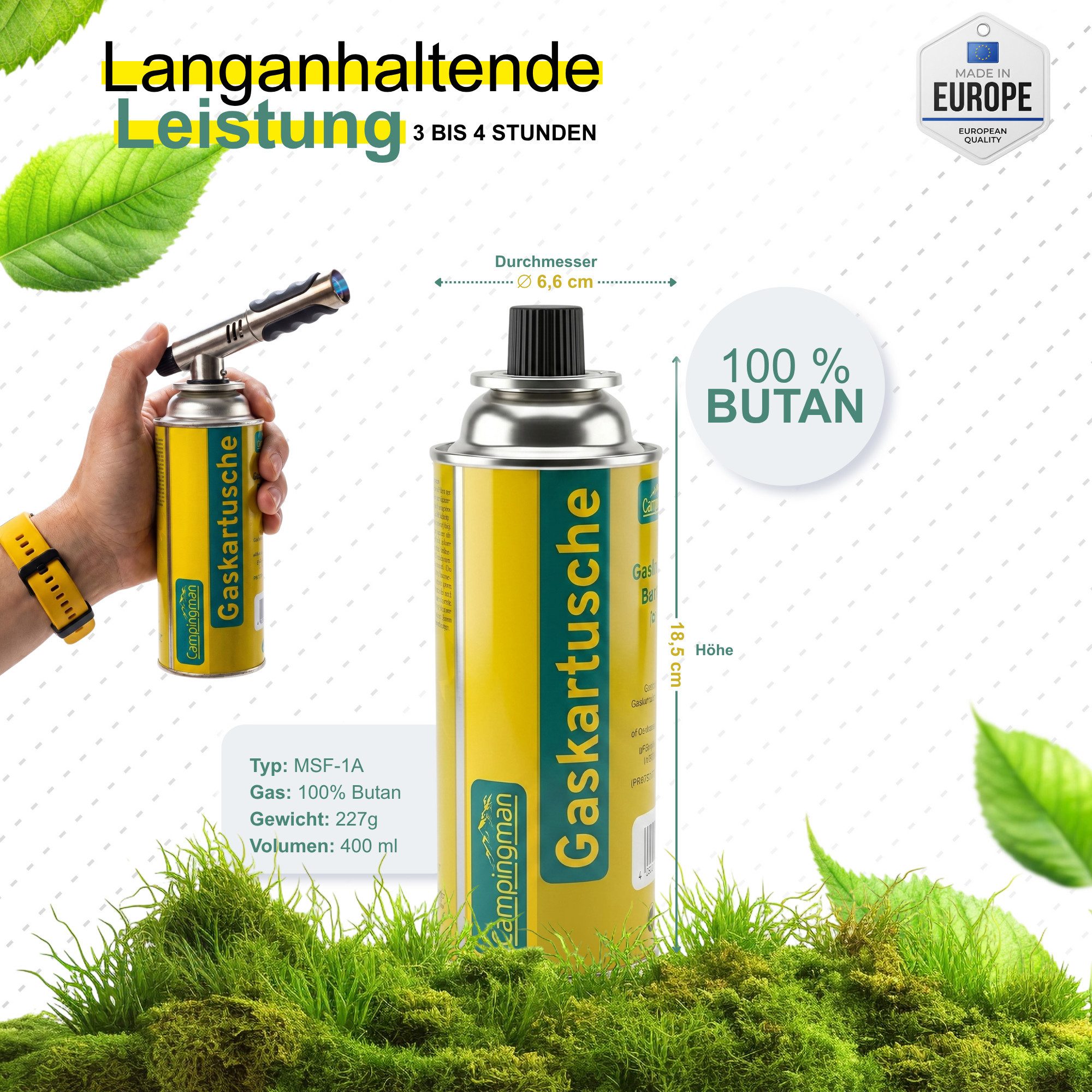 Campingman Gaskartusche Gaskartuschen 227g MSF-1A im –Unkrautbrenner & Gasgeräte, 4 St., Butangas Kartusche mit Ventil für Campingkocher