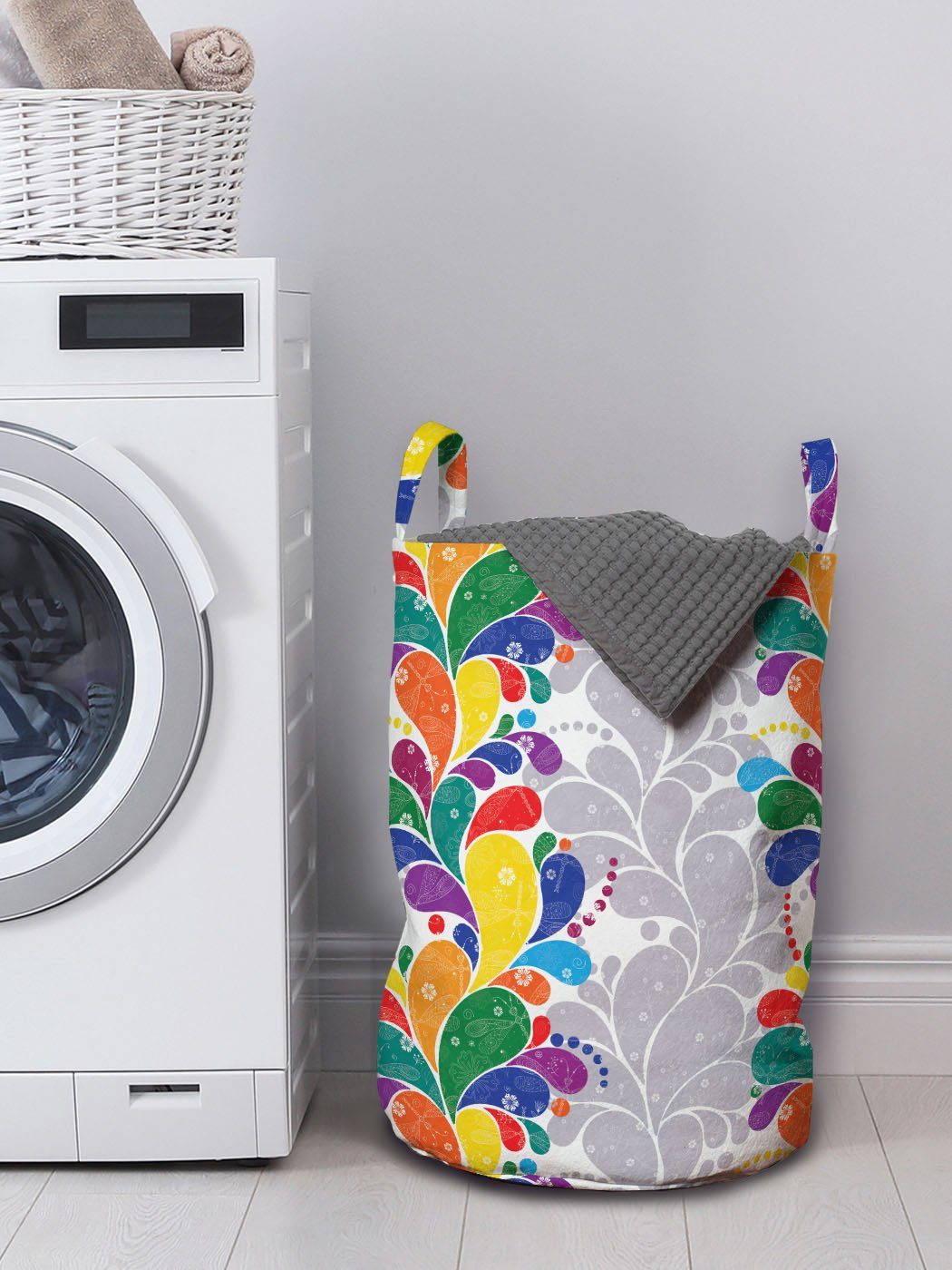 Abakuhaus Moderne Waschsalons, mit Regenbogen Bunt Wäschesäckchen Wäschekorb Paisley Kordelzugverschluss für Griffen Kunst