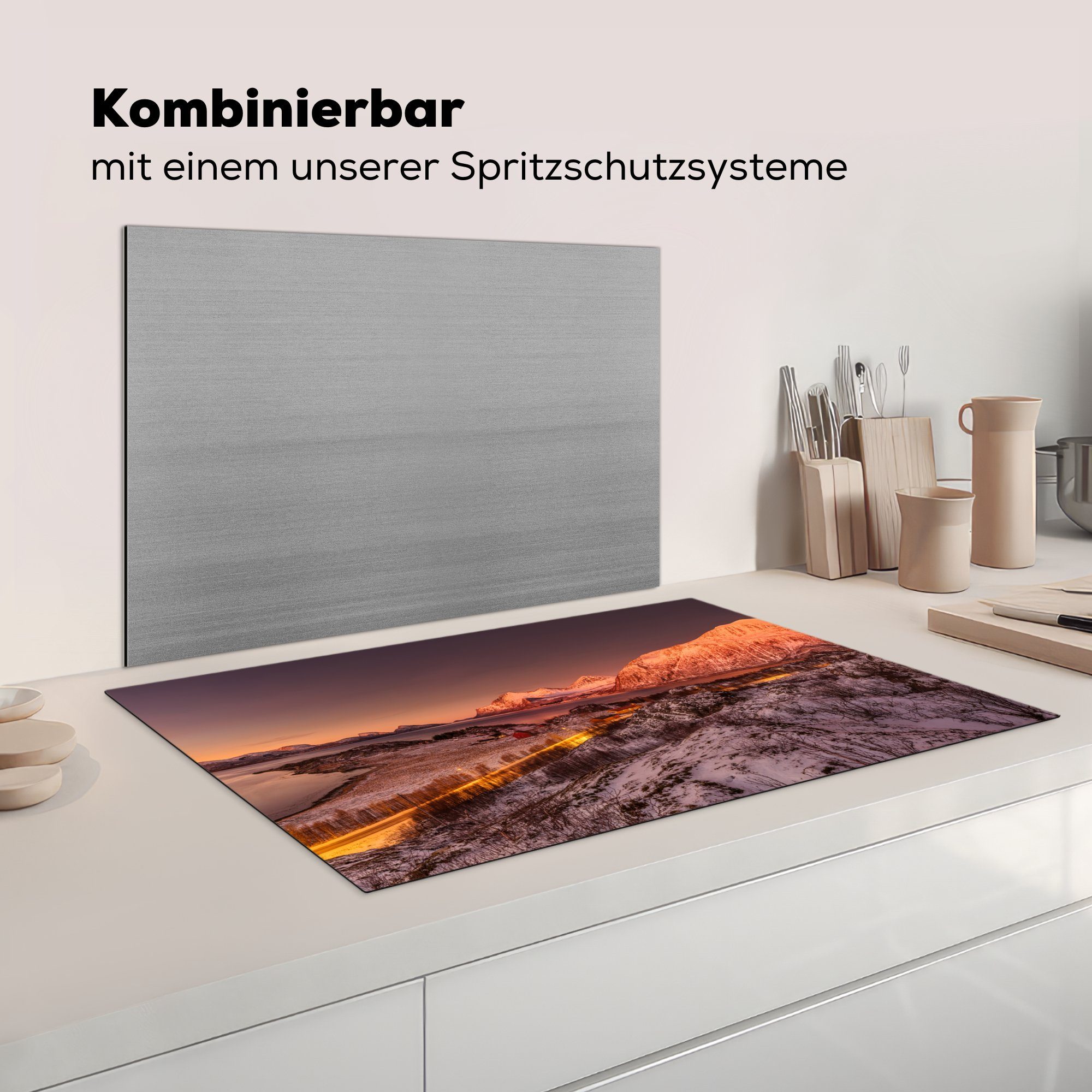 cm, Arbeitsplatte tlg), Herdblende-/Abdeckplatte Ceranfeldabdeckung, küche über Arktischer Kvaloya, 83x51 Sonnenuntergang Vinyl, für (1 MuchoWow