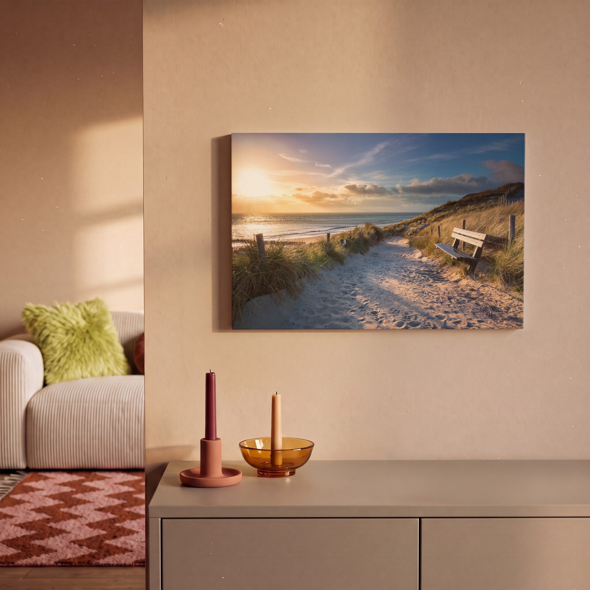 OneMillionCanvasses® Leinwandbild Sonnenuntergang - Strand - Düne - Gras - Bank, Fotodruck (1 St), Wandbild, Deko Schlafzimmer Wohnzimmer Flur 20x20 cm – Bild 2 von 5