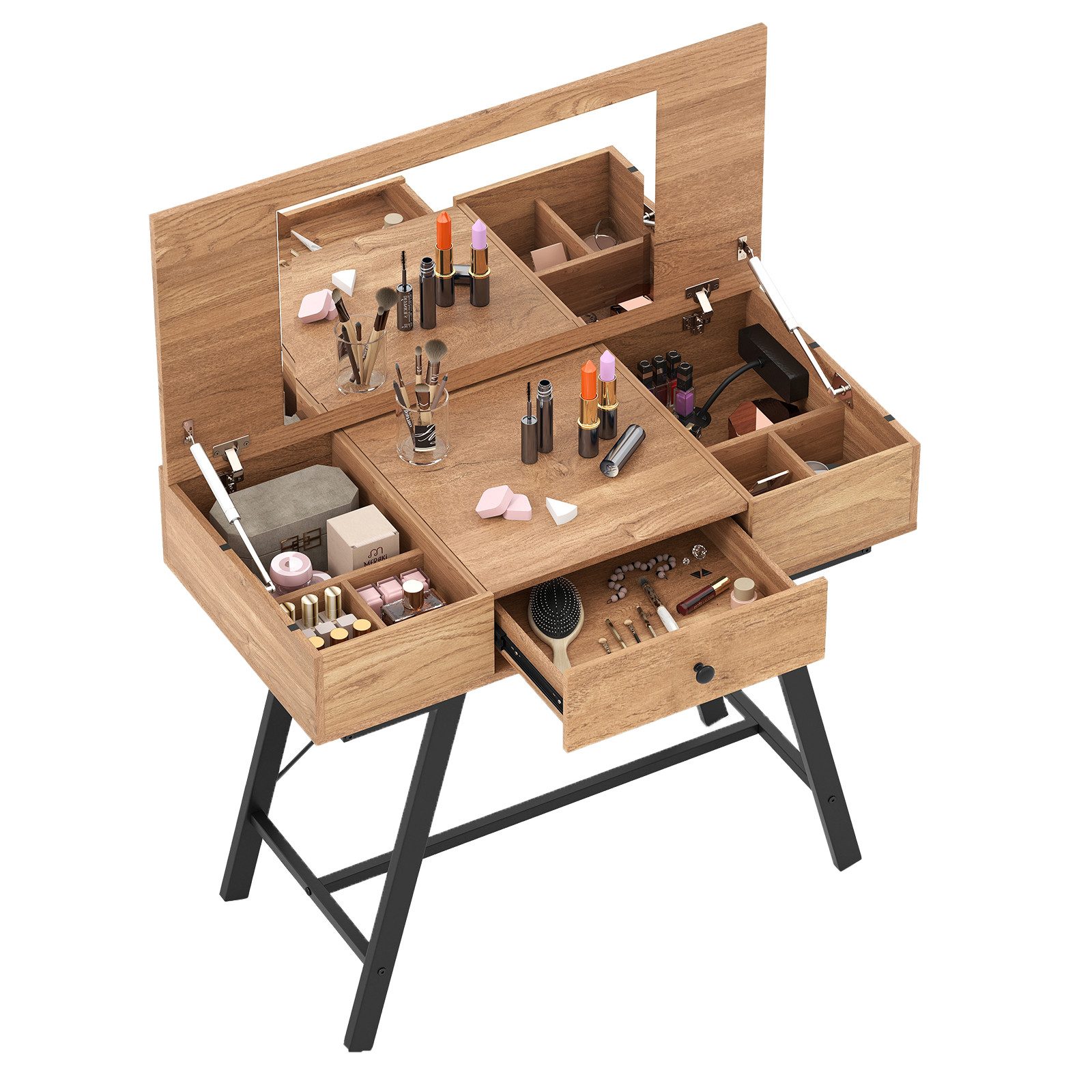 COSTWAY Schminktisch, Kosmetiktisch, Schreibtisch, mit Spiegel, Ladestation, Klappdeckel