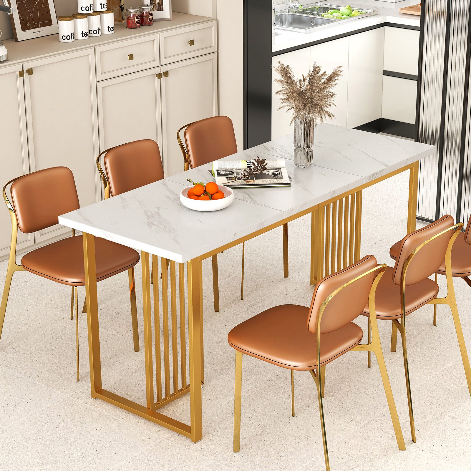 COSTWAY Esstisch, mit Marmoroptik & Metallbeinen für 6-8 Personen 160x60cm günstig online kaufen