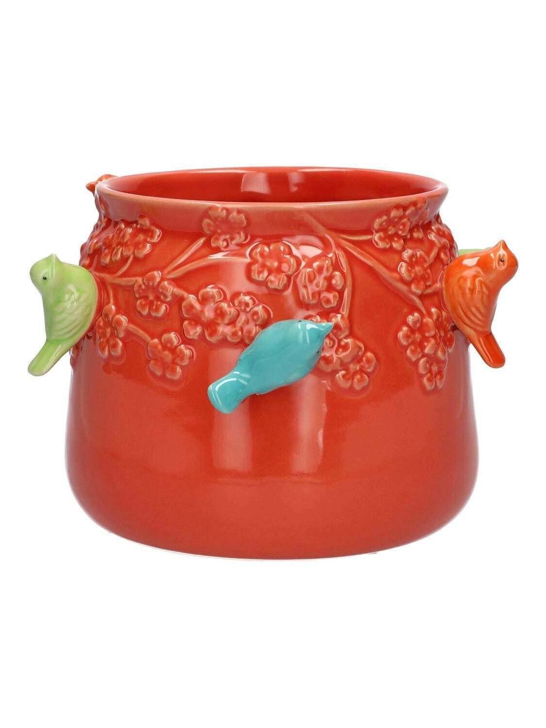 INNA-Glas Blumentopf Pflanzentopf Birdie aus Keramik, mit 3D Vögeln, rot-blau-grü