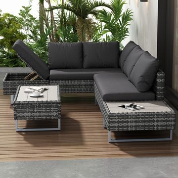 Flieks Gartenlounge-Set, 5-Sitzer L-förmiges Gartenmöbel PE-Rattan mit Liegefunktion