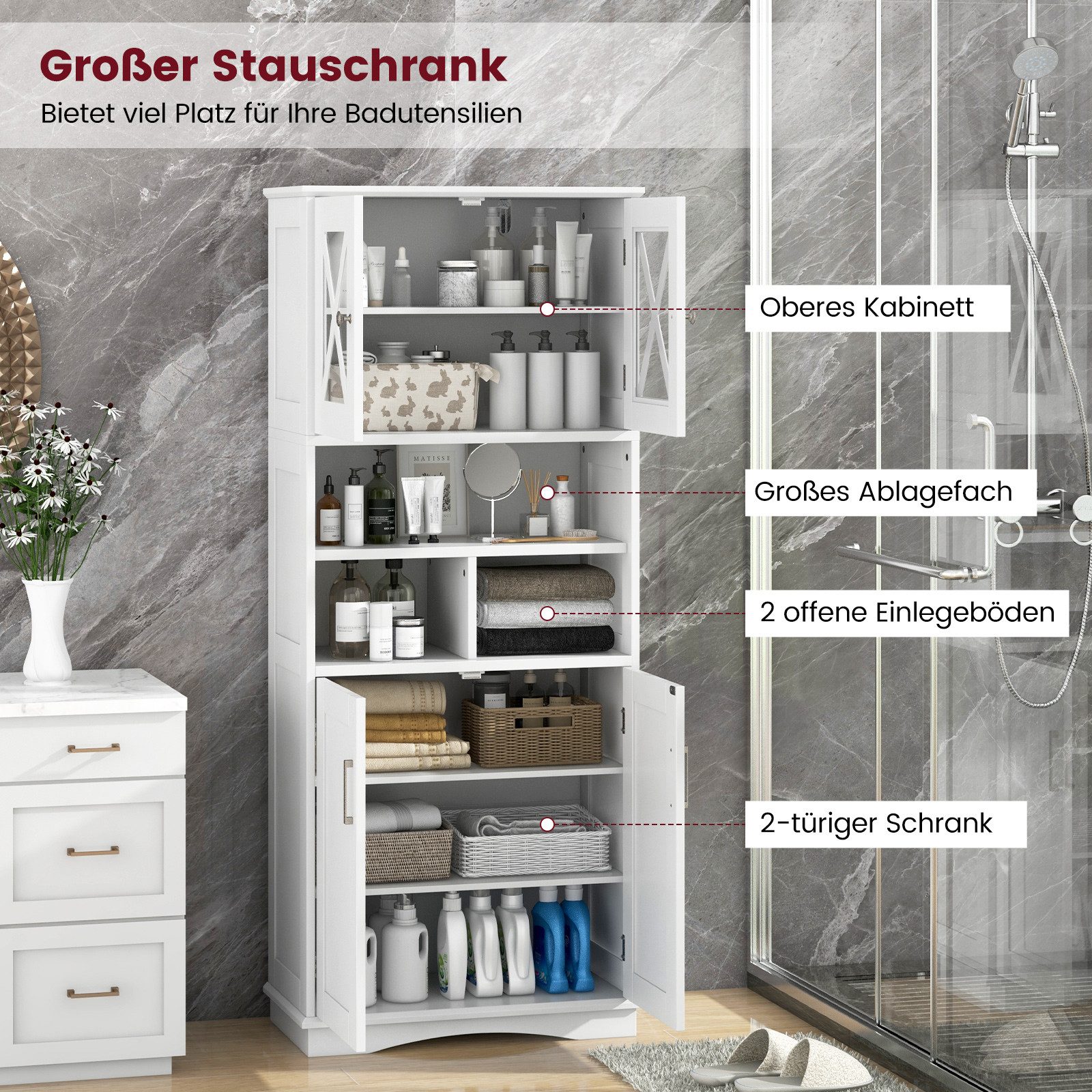 COSTWAY Badkommode schmal, Badschrank mit 4 Türen & 3 verstellbare Ablage