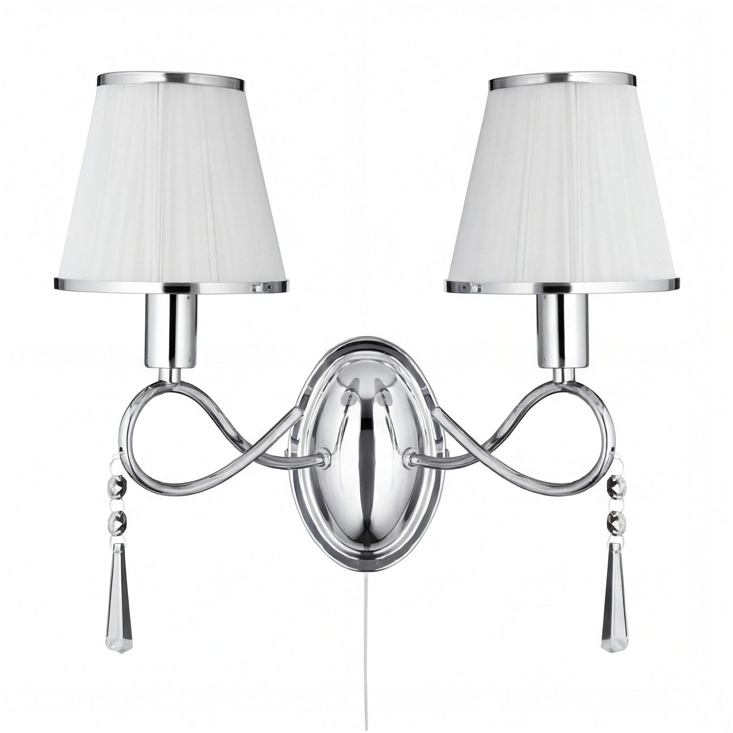 Licht-Erlebnisse Wandleuchte SIMPLICITY, ohne Leuchtmittel, Chrom Weiß E14 B:36 cm 2 flammig Stoff Glas Zugschalter