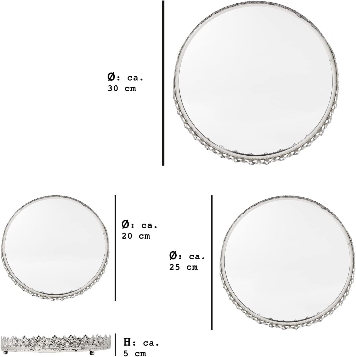 Riyashop Haushaltshobel 3er Set Spiegeltabletts Metall Ø 20-26-29 cm Silber