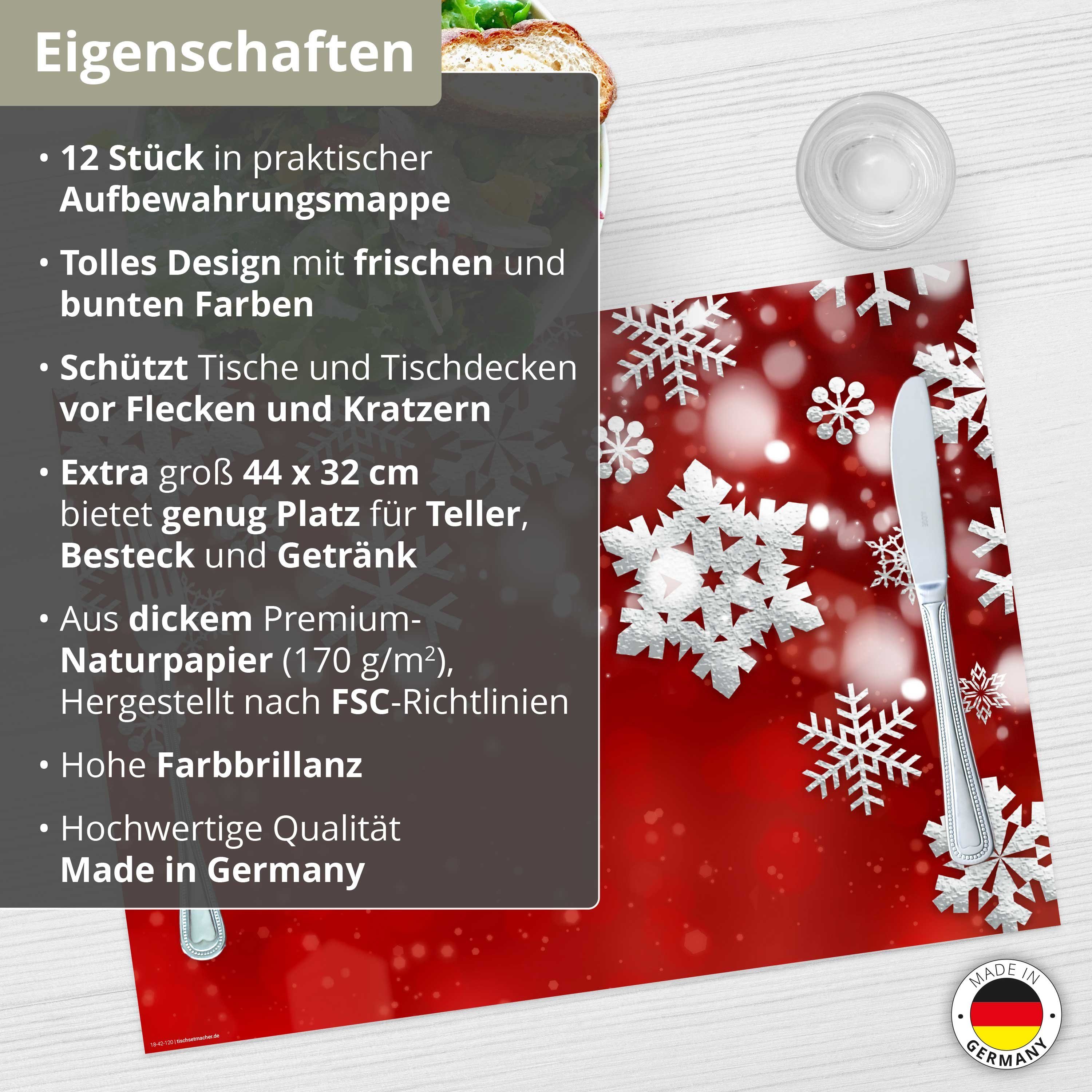 Tischsetmacher Platzset Tischsets I Platzsets - Weihnachten - Weiße Schneekristalle, (aus Naturpapier in Aufbewahrungsmappe, 12-St., 44 x 32 cm / weiß-rot), Made in Germany