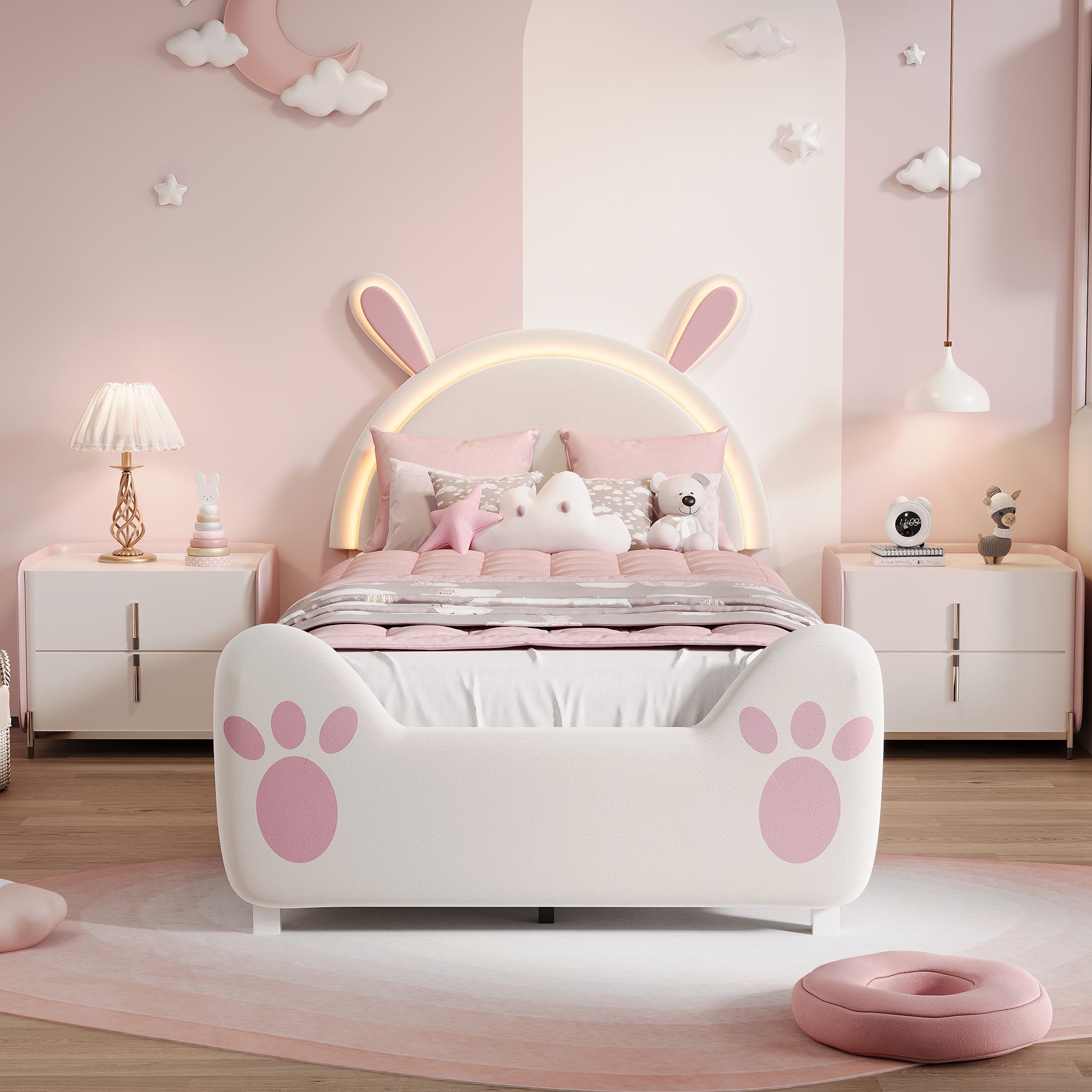 Yelenaro Polsterbett Kinderbett Einzelbett Jugendbett (Packung, 1-tlg., Jugendbett), 90x200 cm,Hasenförmiges Design,Samtstoff - Rosa – Bild 3 von 5