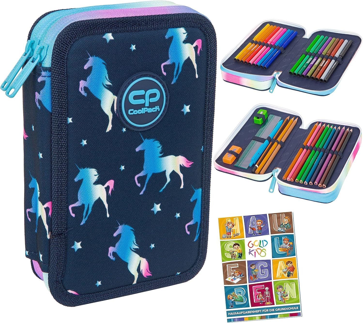 GOLDKIDS Federmäppchen COOLPACK 2-fache Federtasche Federmappe BLUE UNICORN, (Einhorn 35-teilig Schüleretui Stifte und, 1-tlg., Pinsel Fanartikel inkl. Aufgabenheft Federbox Etui), Stiftetasche Schlamper-Etui Schul-Etui