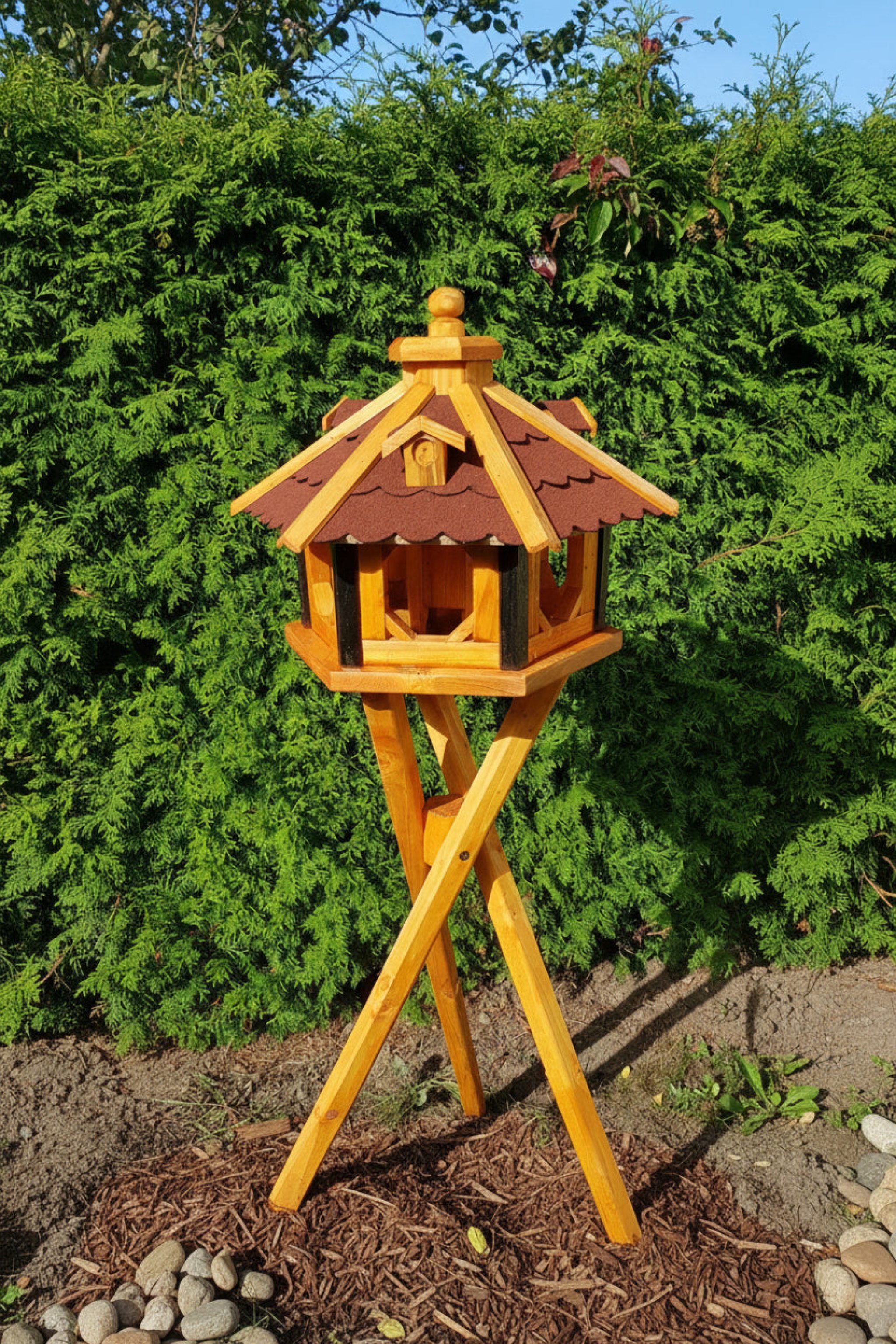 Holzdekoladen Vogelhaus 6-eck Vogelhaus Holz mit Futterspender,wetterfest,optional Ständer