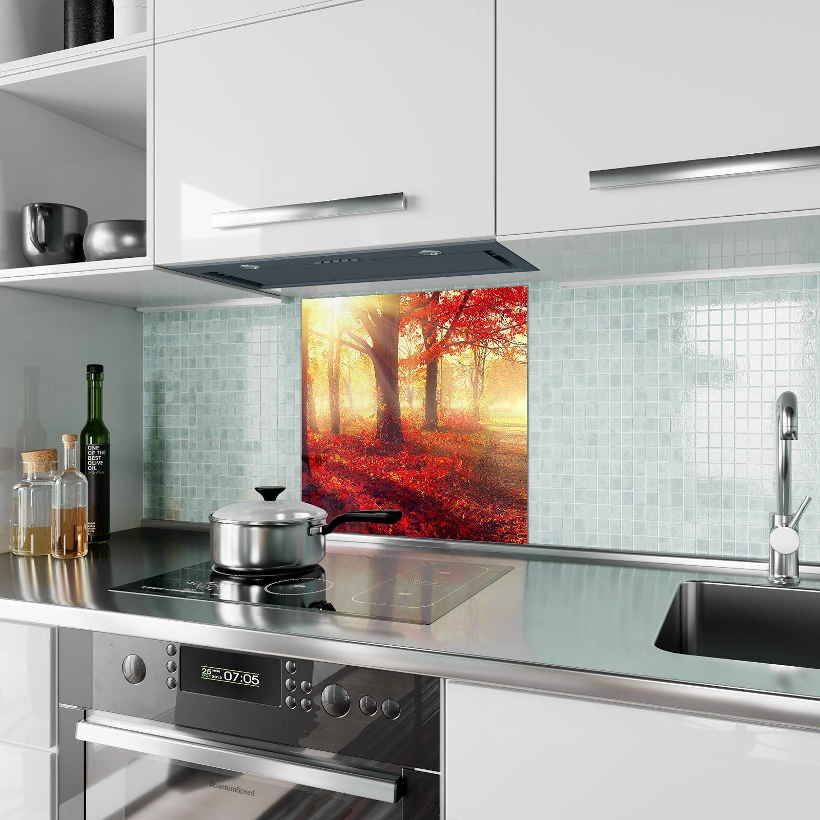 Spritzschutz Primedeco Küchenrückwand Küchenrückwand Nebliger mit Motiv Glas Herbstwald