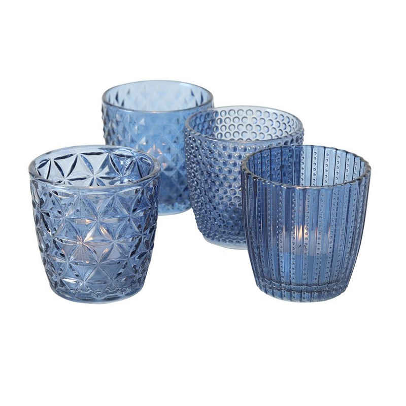 BOLTZE Windlicht Marilu (4er Set), Blau Glas 7,5 x 7,5 cm Reliefoberfläche