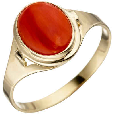 Schmuck Krone Fingerring »Ring Damenring mit Koralle rot oval 333 Gold Gelbgold Korallenring schlicht«, Gold 333
