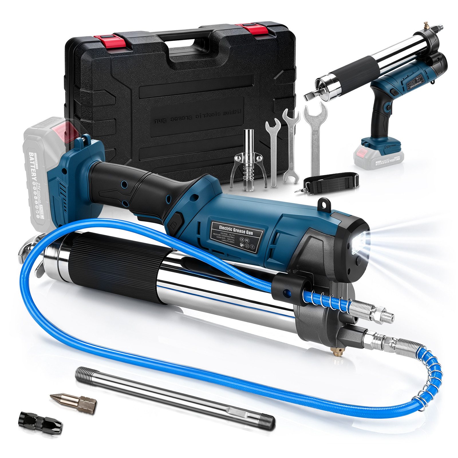 XERSEK Akku-Kartuschenpistole 12000PSI Akku Fettpresse mit LED Schalter‌ Elektrische Schmierpistole, (für Makita Akku 18V, 100cm Schlauch, 3 Mundstück, Bürstenloser Motor), für Lager, Hydraulik, Maschinen, Fahrzeuge, Landwirtschaft & Bau