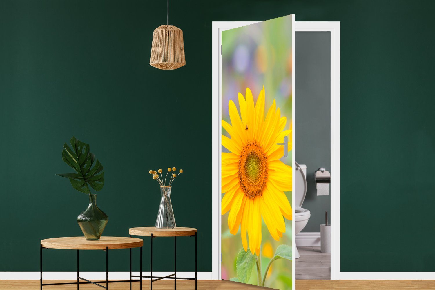 (1 für Gelb, 75x205 St), - Tür, Türtapete Matt, Türaufkleber, Fototapete bedruckt, cm Sonnenblume - Blumen MuchoWow