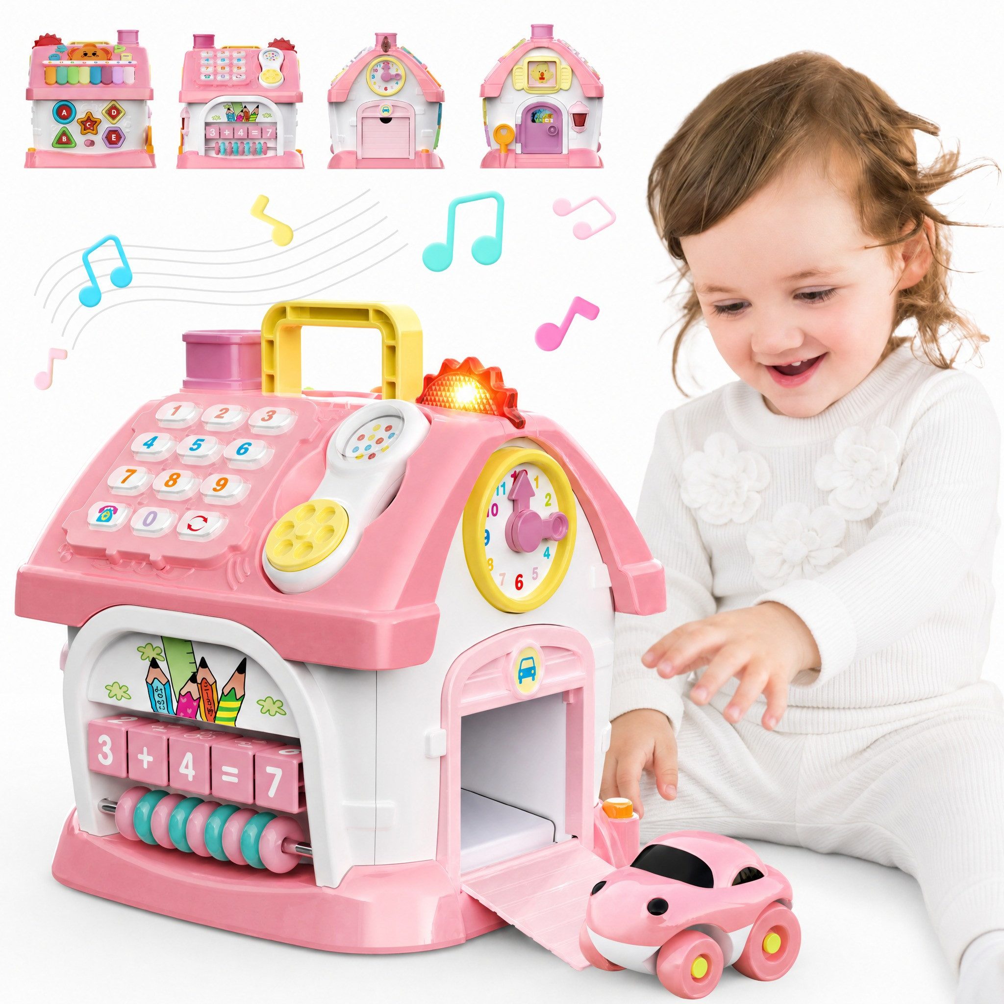 Wootoy Lernspielzeug Spielcenter 6-in-1 Aktivitätshaus mit Musikfunktion Formensortierer (Musiktasten mit verschiedenen Tönen Rhythmen und Klangeffekten, 1-St., Interaktive Türen Fenster Telefon und bewegliche Spielfunktionen), Fördert Feinmotorik Hand-Augen-Koordination und logisches Denken