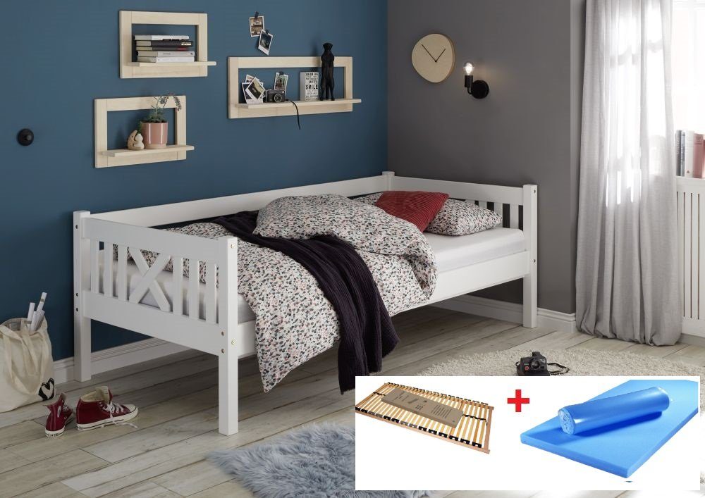 Kindermöbel 24 Bett »Pfostenbett Trevi Kiefer massiv weiß«